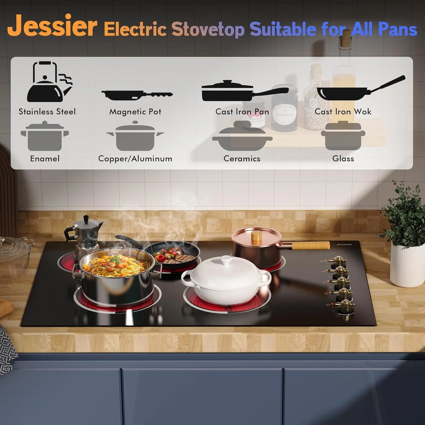 Electric Cooktop 30 Inch - 5 Burners Built-in Ceramic Cooktop, 30" Electric Stove Top with Glass Protection Metal Frame, 9 Heating Level, 8400W, 220-240V for Hard Wire(No Plug)