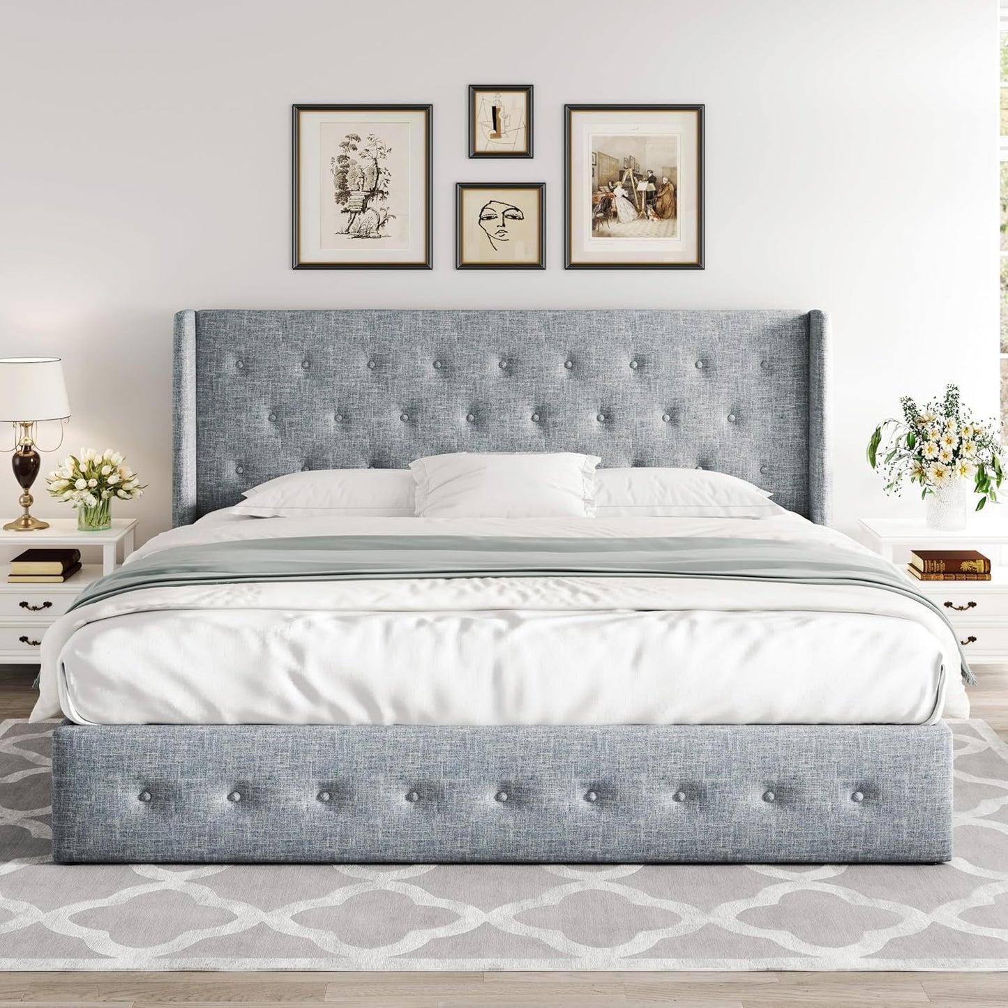 Allewie Queen Size Lift Up Storage Bed, Modern Wingback Headboard, Hydraulic Support, No Box Spring Needed, Light Beige