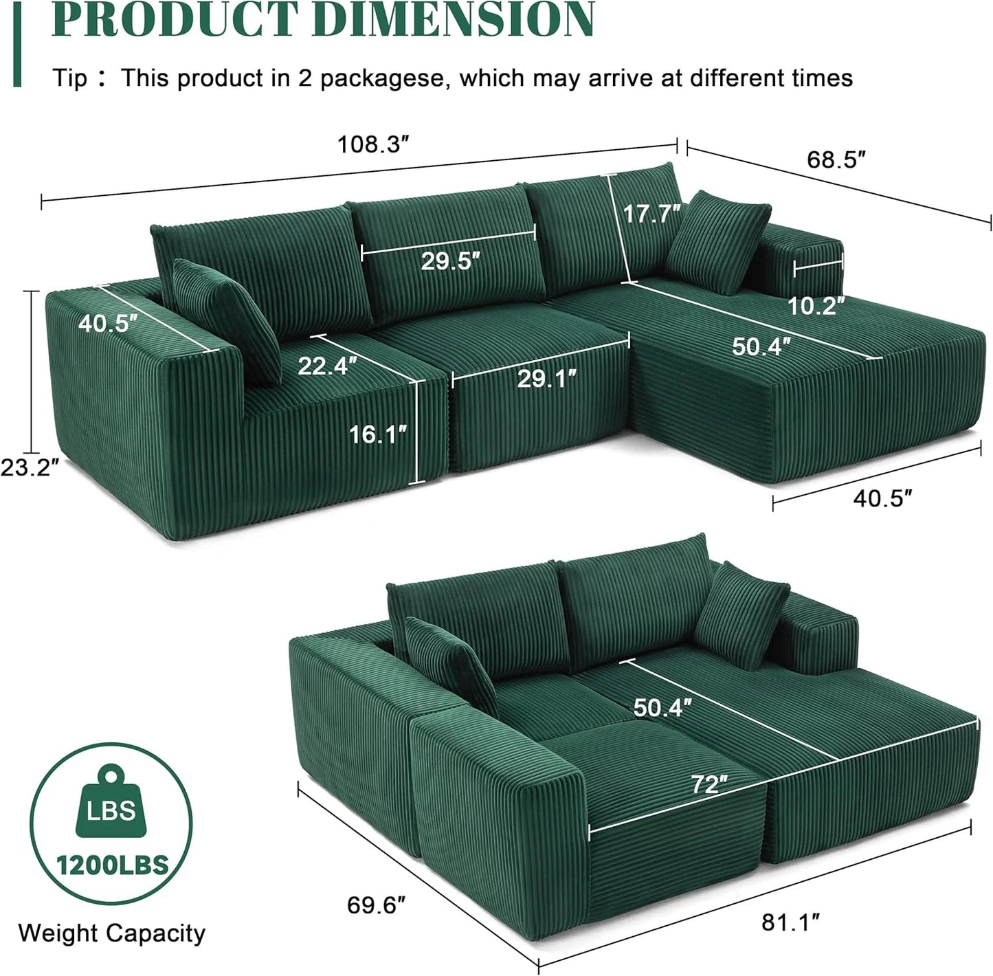 108 inch sectional sofa, cloud sectional sofa with deep seat, modern sectional L shaped sofa