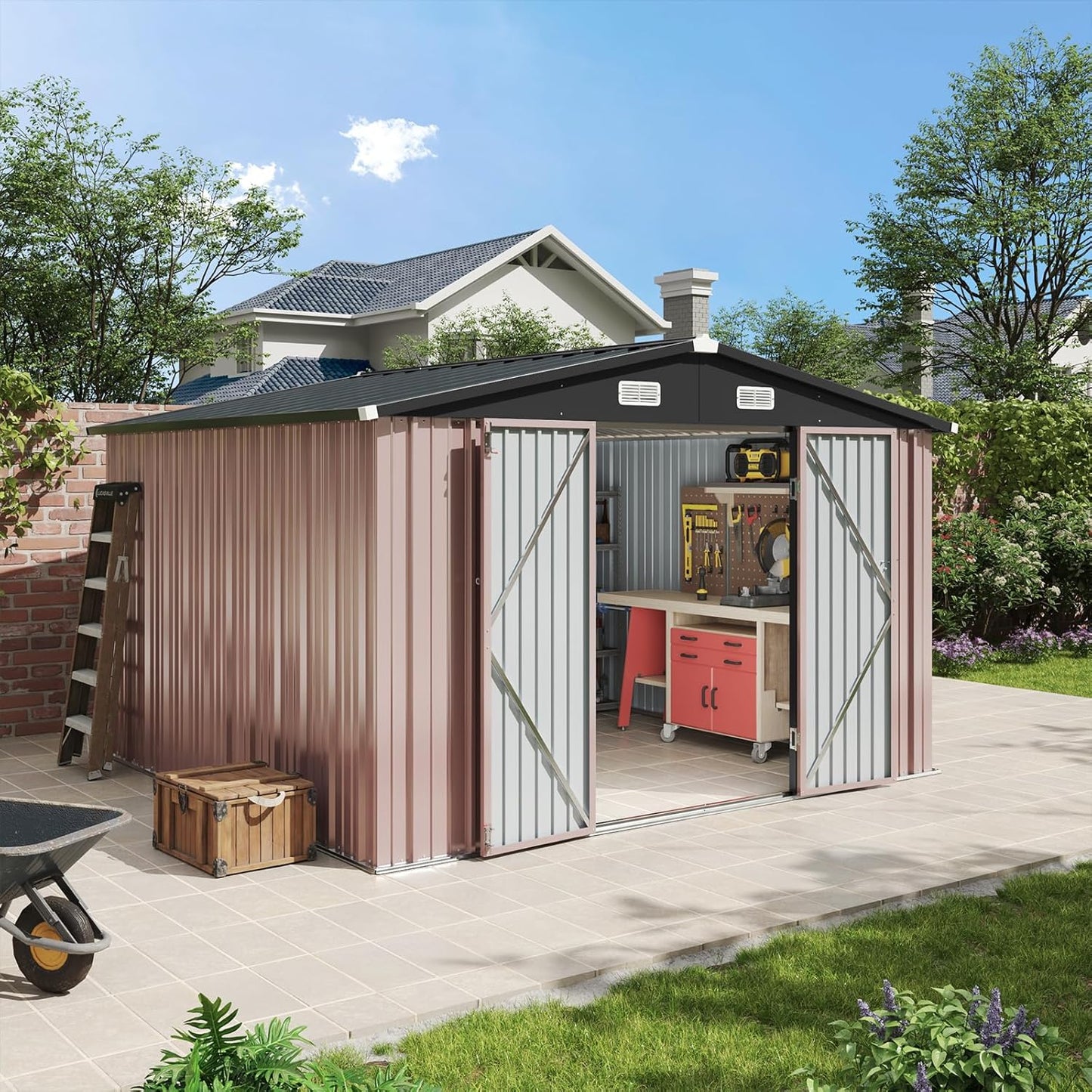 Aoxun 6.2x4 FT Shed Outdoor Storage Shed Metal Garden Shed with Lockable Doors & Slooping Roof Tool Shed Bike Shed for Backyard, Patio, Poolside (Brown)