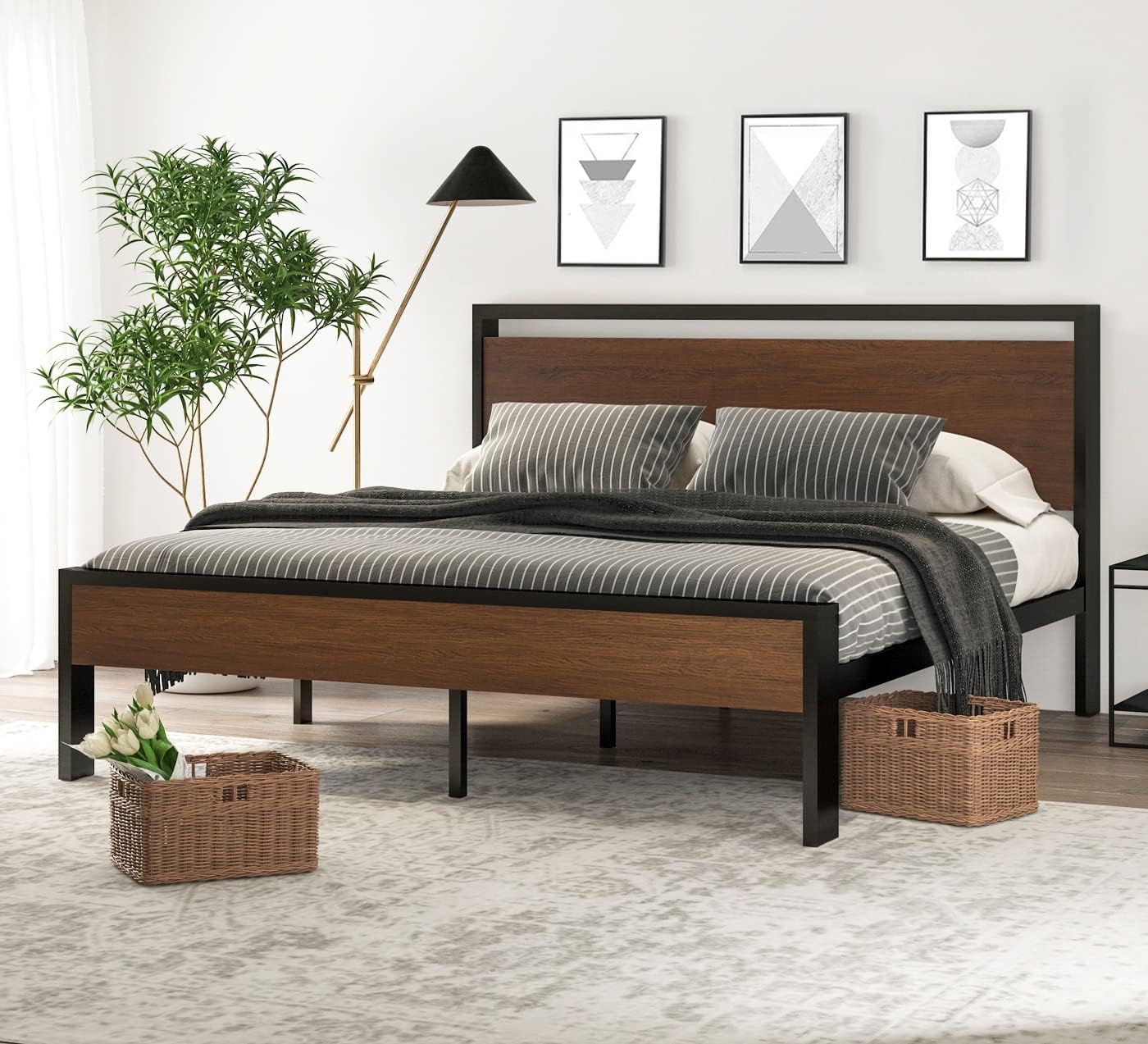 SHA CERLIN 14 Inch Queen Size Metal Platform Bed Frame with Wooden Headboard and Footboard, Mattress Foundation, No Box Spring Needed, Large Under Bed Storage, Non-Slip Without Noise, Black Oak