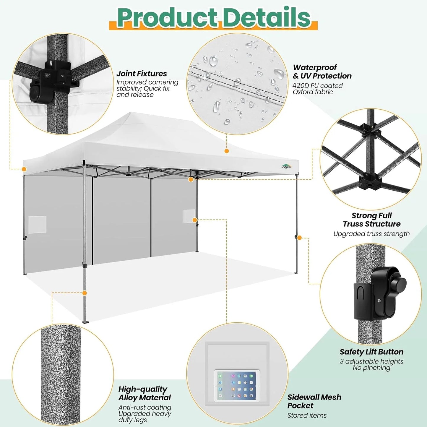 COBIZI 10x20 Heavy Duty Pop up Canopy Tent with 6 sidewalls Easy Up Commercial Outdoor Canopy Wedding Party Tents for Parties All Season Wind & Waterproof Gazebo with Roller Bag,Black(Frame Thickened)