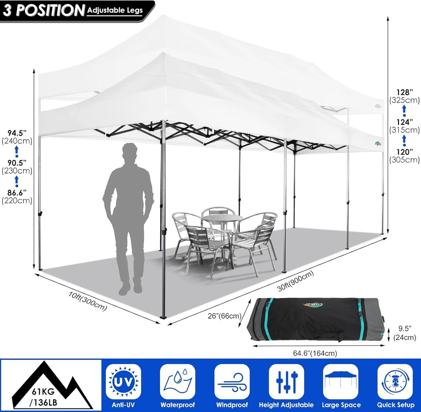 COBIZI 10x20 Heavy Duty Pop up Canopy Tent with 6 sidewalls Easy Up Commercial Outdoor Canopy Wedding Party Tents for Parties All Season Wind & Waterproof Gazebo with Roller Bag,Black(Frame Thickened)