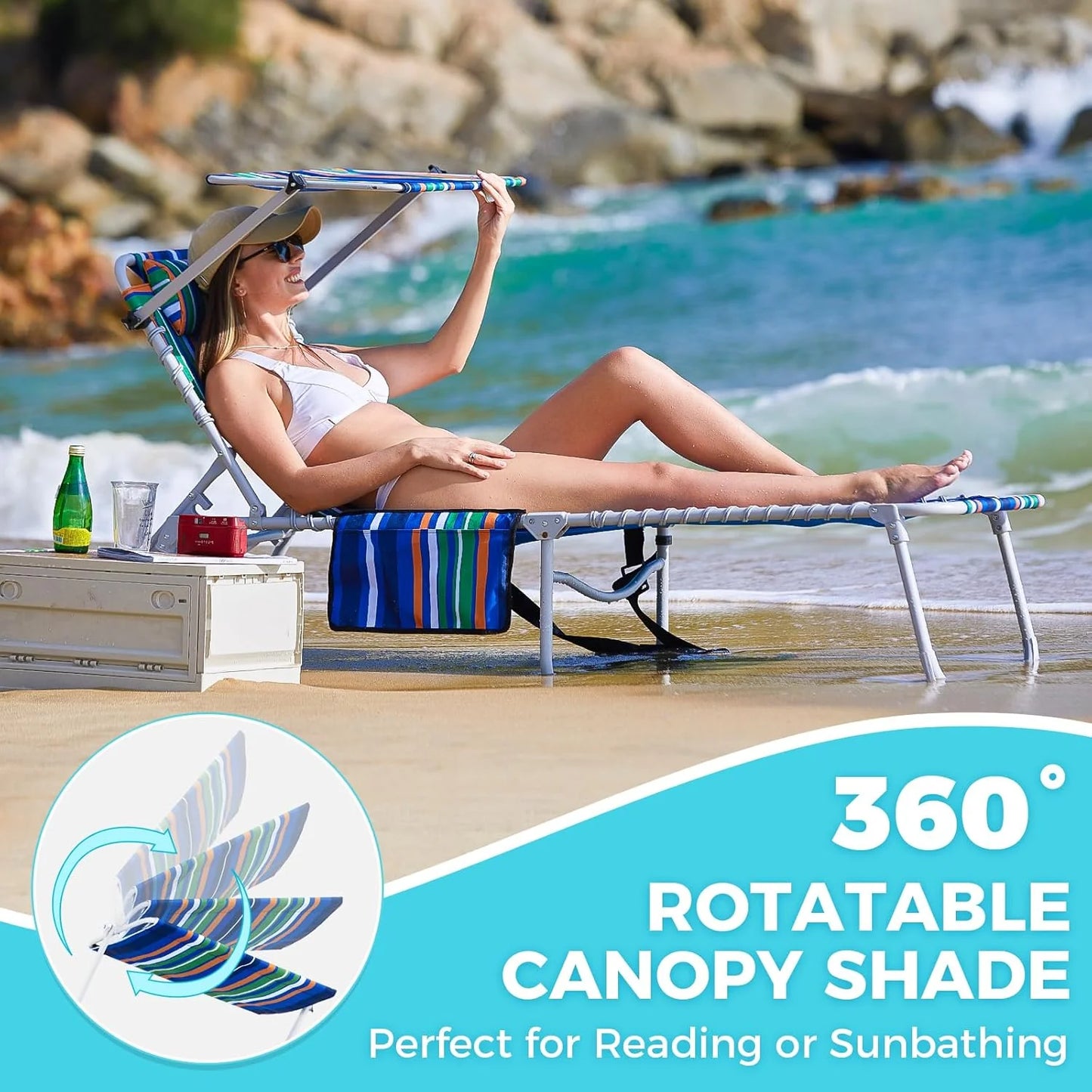 2 Pack Outdoor Chaise Lounge Chair - Portable Folding Patio Pool Lounge Chair, 5 Positions Adjustable Reclining Camping Chair with Side Table,Shoulder Strap, Pillow for Beach Sunbathing Lawn