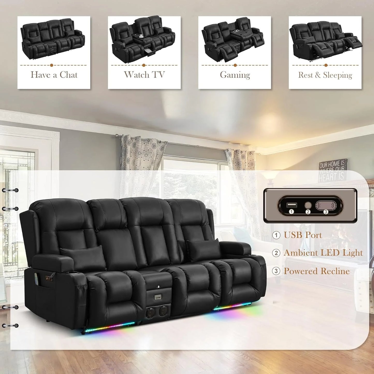 TUNYI Power Loveseat Recliner Sofa with Massage & Heat Home Theater Seating with Console Electric Recliner RV Sofa with USB/Outlet/Storage/Side Pocket/LED Light/Speaker (Brown, Loveseat)