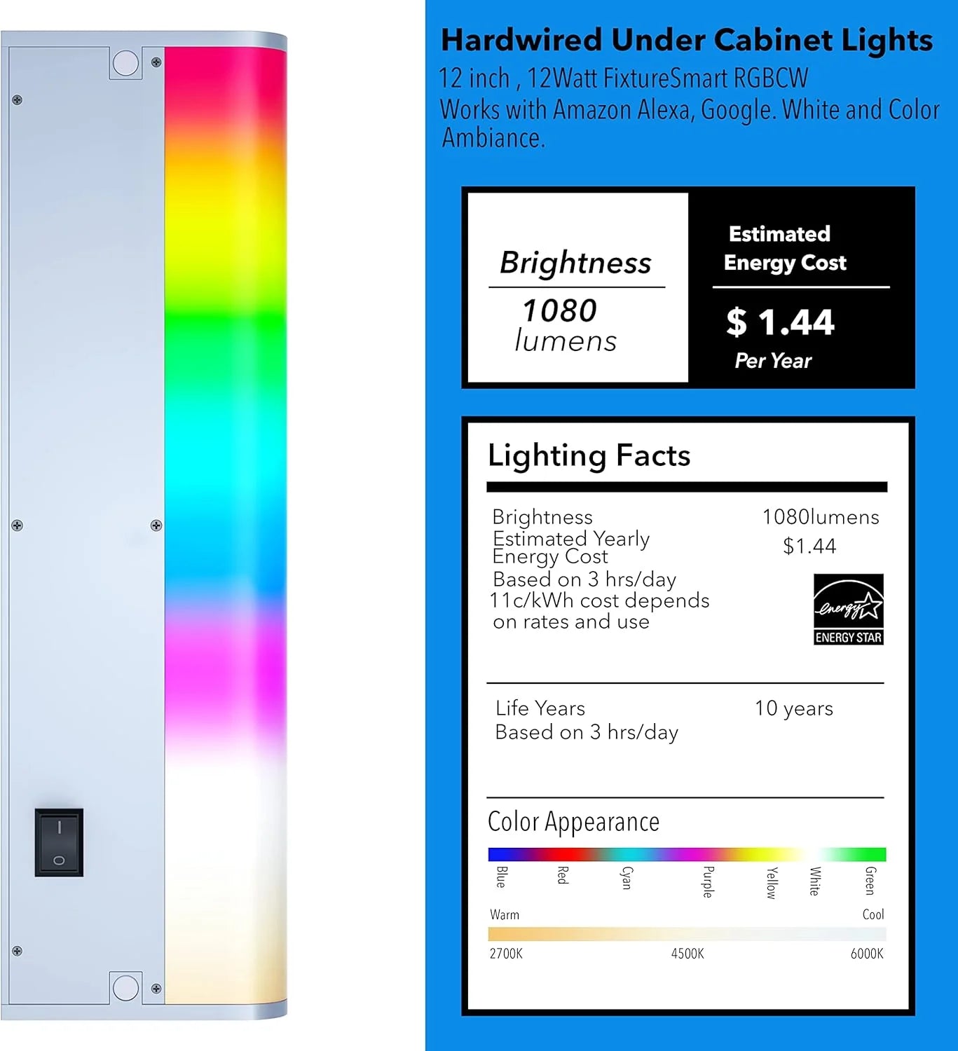 Smart under-cabinet lighting strip, white and color-changing dimmable