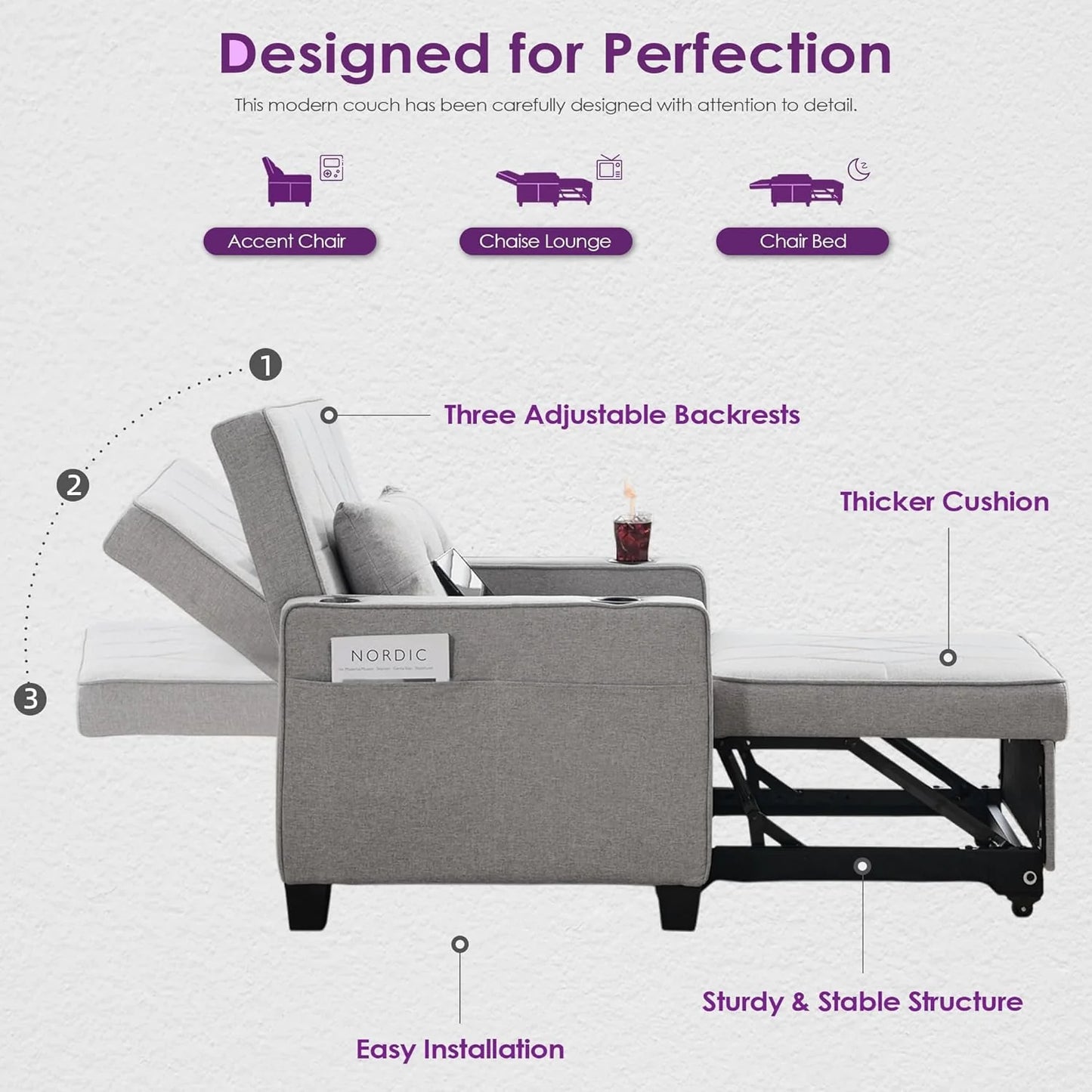 Adult Convertible Sleeper Chair Bed, 3-in-1 Pull-Out Sofa Bed with USB/Type-C Ports, Cup Holders, Side Pockets, Single Sofa