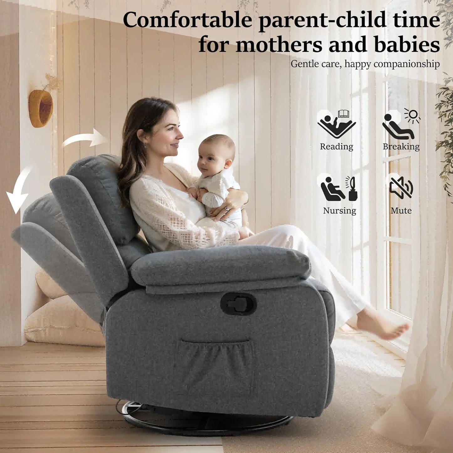Reclining rocking chair 360 degree rotating fabric sliding reclining chair