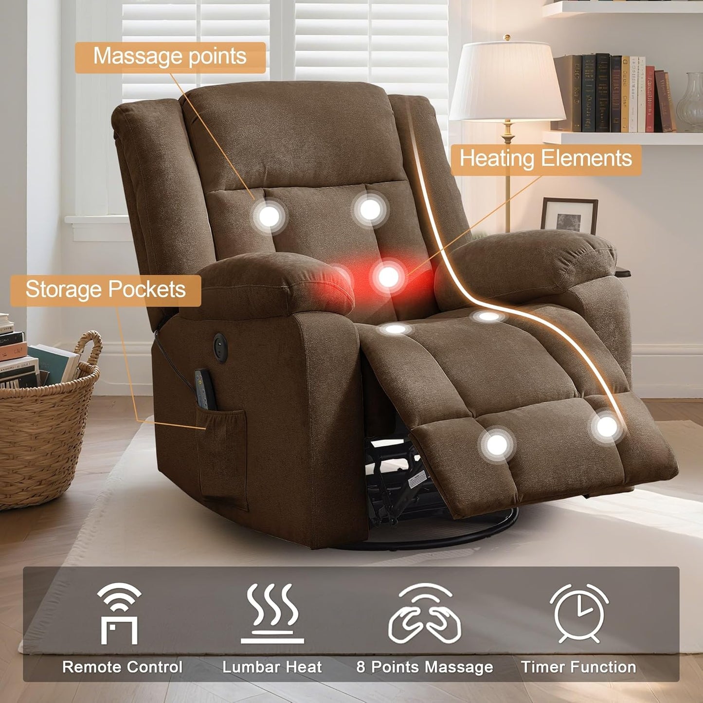 Adult rocking chair, gliding recliner, 360° rotating rocking chair with massage and heating function