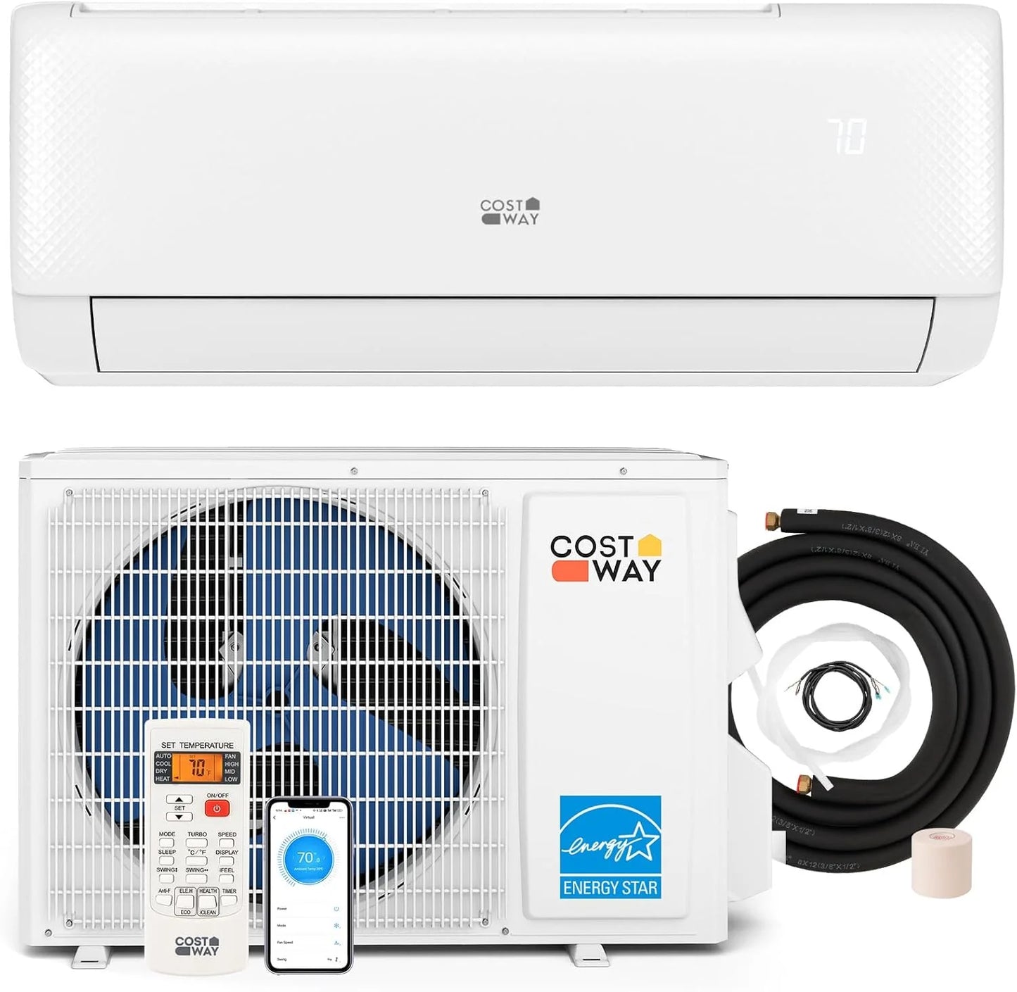 COSTWAY 12000BTU Mini Split Air Conditioner& Heater, 20 SEER2 115V Wall-Mounted Ductless AC Unit Cools Rooms up to 750 Sq. Ft, Energy Efficient Inverter AC with Heat Pump (Blast Series)