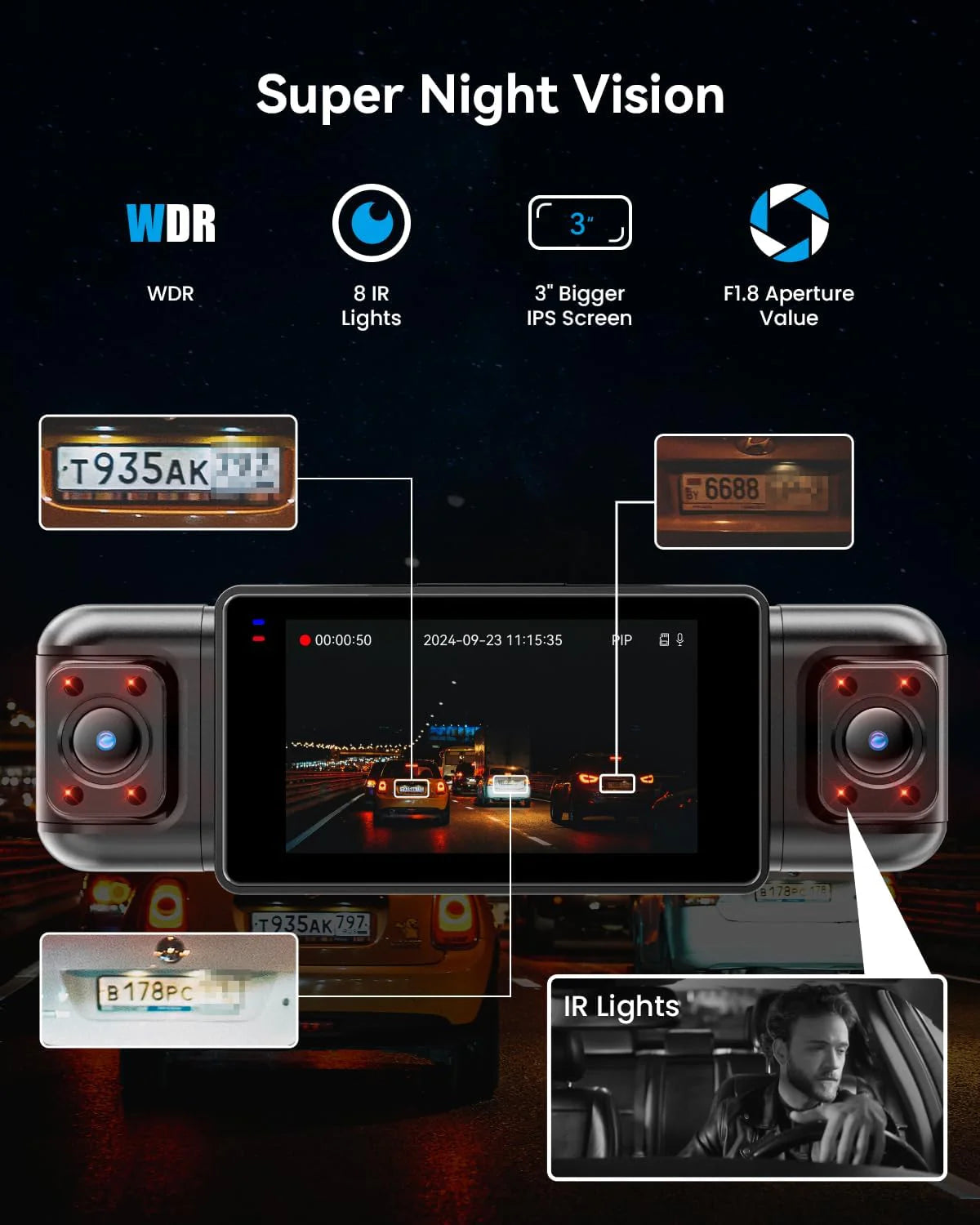 Channel Dash Cam 360° View, 1080P Front and Rear Interior, Car Left and Right Dash Cam, 8 Infrared Lights Night Vision, 5G WiFi and APP Control, G Sensor, Parking Mode, with Free 128GB SD Card