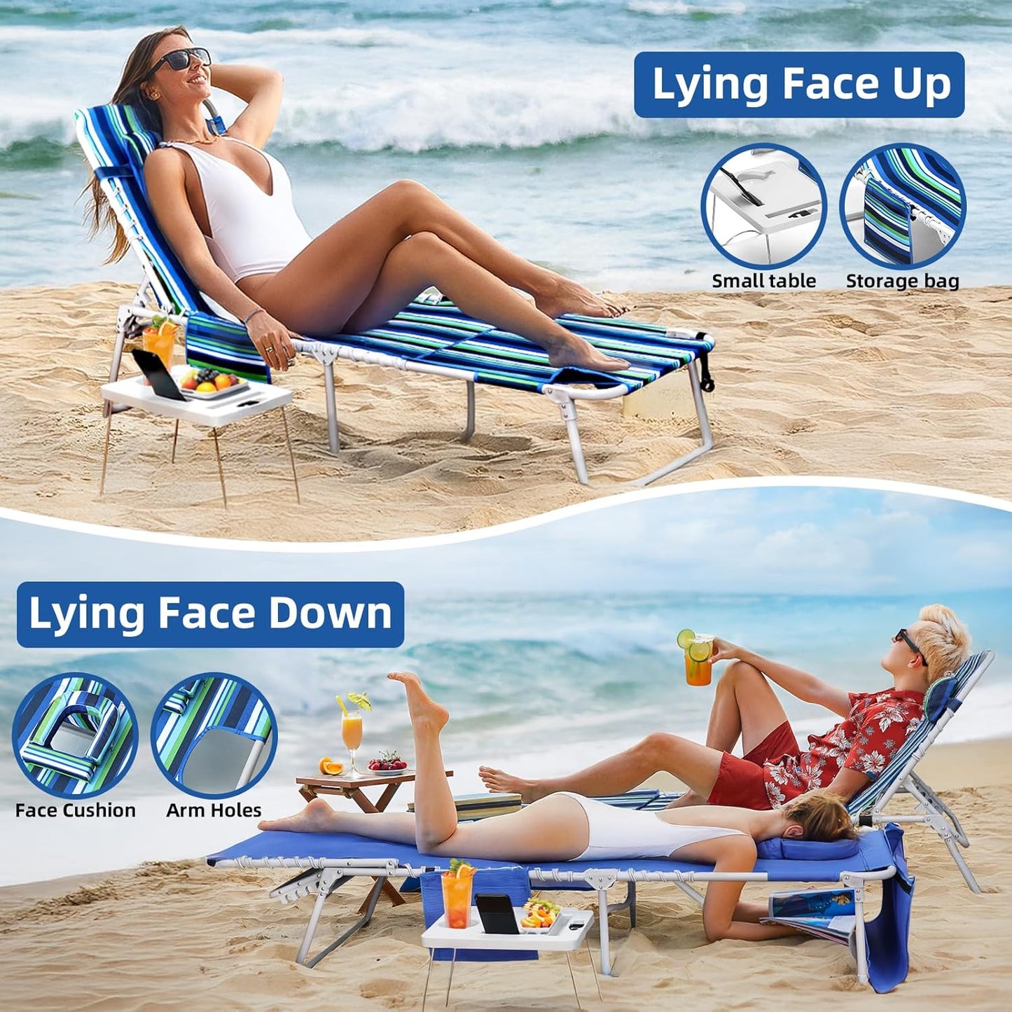 3-in-1 Beach Chair Face Holes Lounge Chair Outdoor with Folding Side Table 5-Position Recliner, Lay Flat Removable Pillow Heavy Duty, Max 330lbs, Poolside, Patio, Camping Backyard Striped Blue