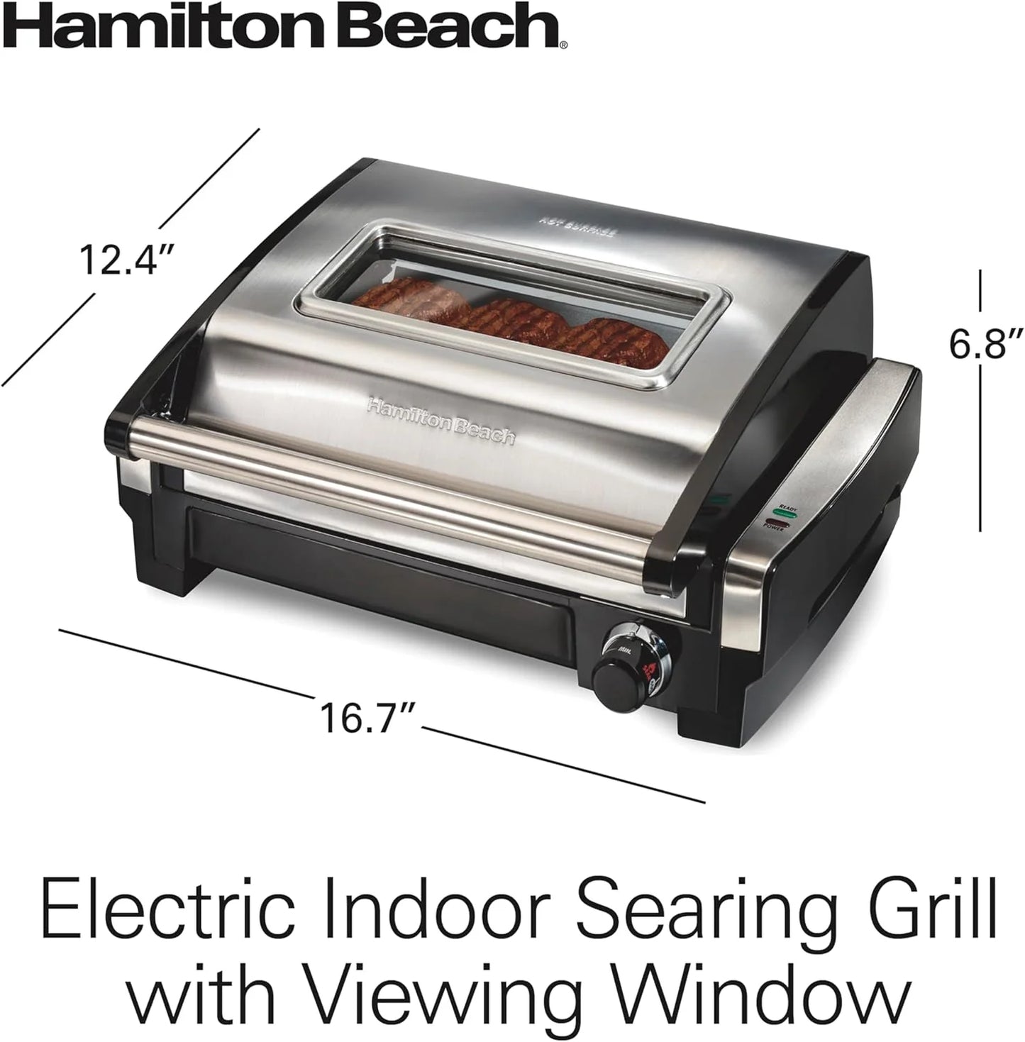 Electric Indoor Searing Grill with Viewing Window & Adjustable Temperature Control to 450F, 118 sq. in. Surface Serves 6, PFAS-Free Removable Nonstick Grate, Stainless Steel
