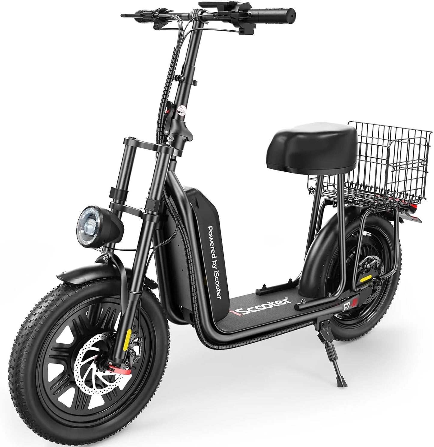 iScooter electric scooter with seat, 37/21 mile range, 28/19/15.6 mph top speed, dual suspension scooter with basket