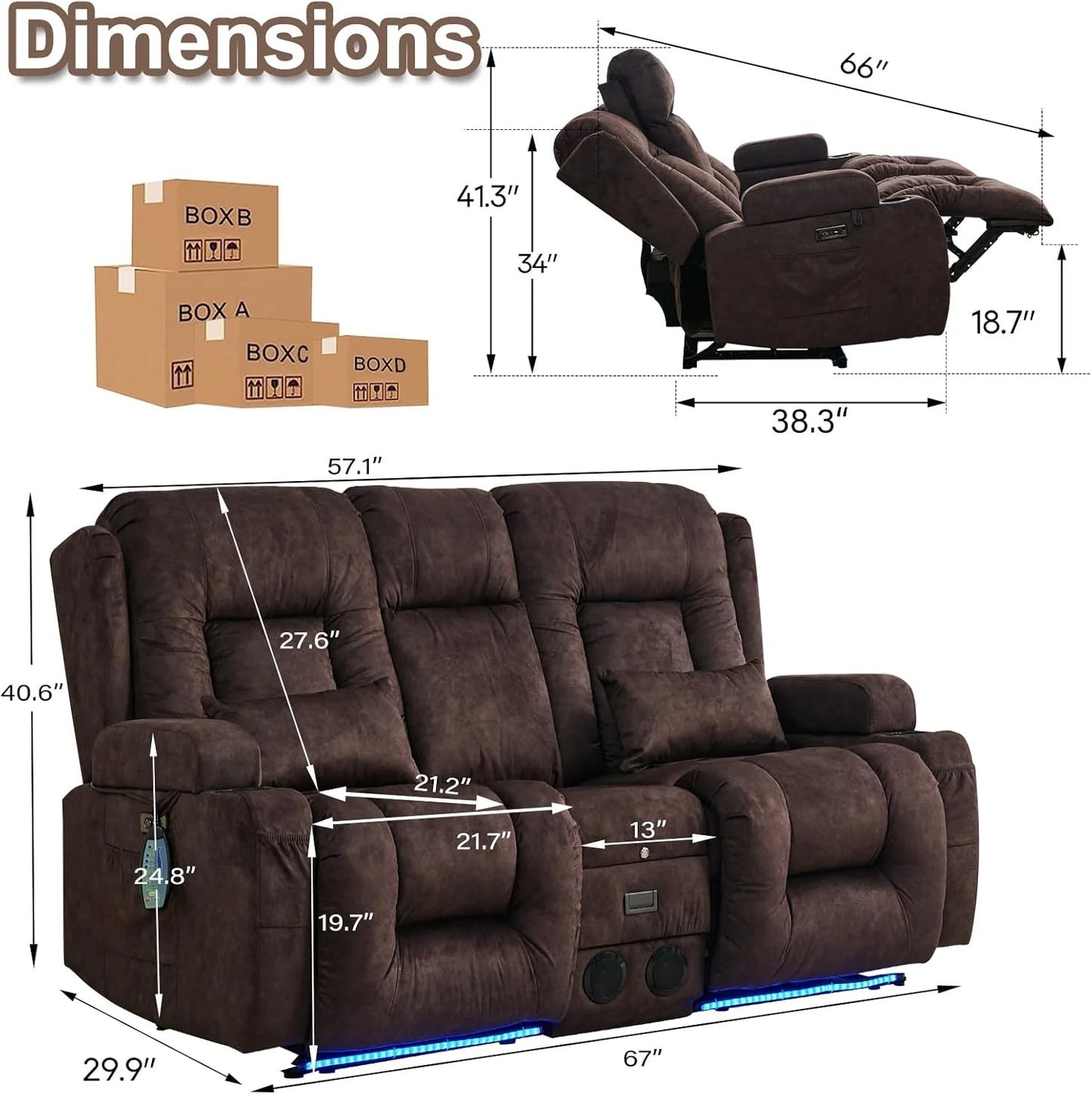 TUNYI Power Loveseat Recliner Sofa with Massage & Heat Home Theater Seating with Console Electric Recliner RV Sofa with USB/Outlet/Storage/Side Pocket/LED Light/Speaker (Brown, Loveseat)