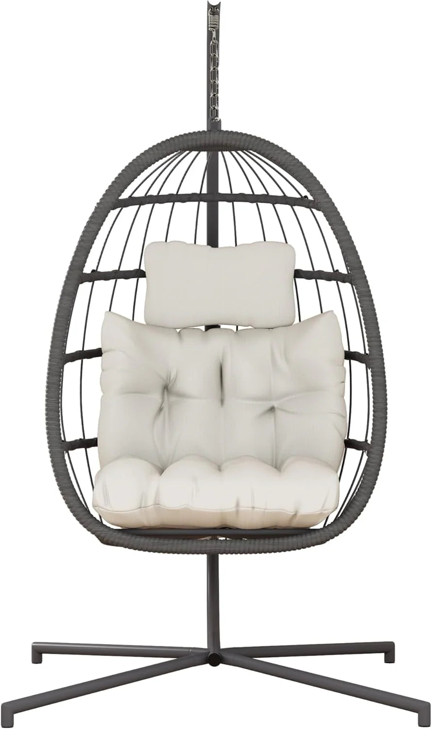 HWB Hanging Egg Chair with Stand, Patio Wicker Hammock Egg Swing Chair with Cushion for Bedroom Garden Indoor Outdoor (Beige)