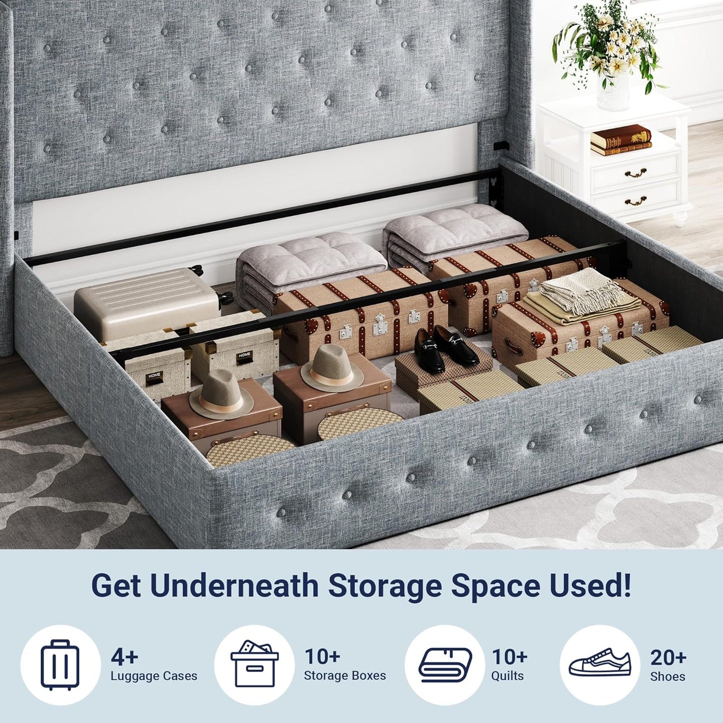 Allewie Queen Size Lift Up Storage Bed, Modern Wingback Headboard, Hydraulic Support, No Box Spring Needed, Light Beige