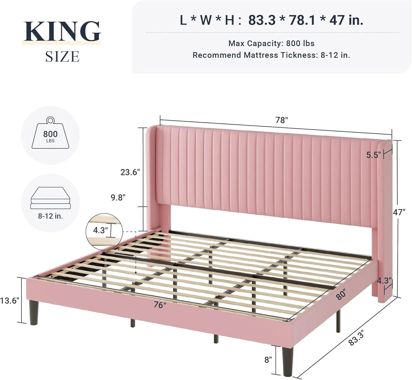 Allewie Full Size Velvet Bed Frame/Vertical Channel Tufted Wingback Headboard/Upholstered Platform Bed/Strong Wooden Slats/No Box Spring Needed/Easy Assembly/White