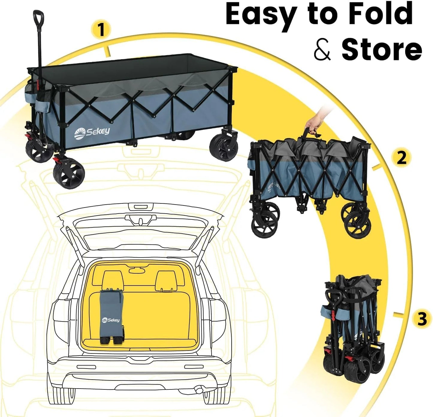 Sekey 48 Inch Long Foldable Extended Travel Cart, 440 Lbs Load Capacity, Heavy Duty 300 Liter Folding Multi-Purpose Garden Cart