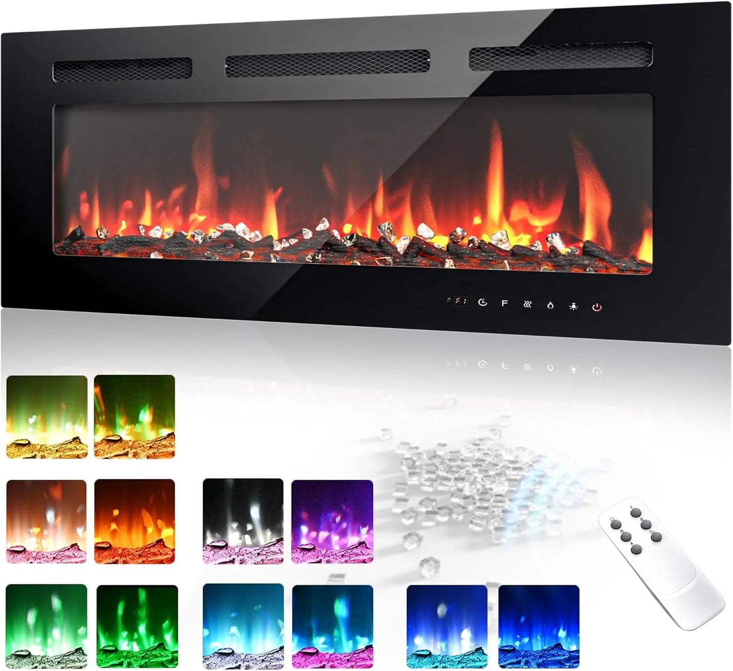 EUHOMY 50 Inch Electric Fireplace Wall Recessed and Wall Mounted with Adjustable Flame Color, Fireplace Heater with Remote Control, Linear Fireplace with Timer, Touch Screen, Log & Crystal, 750/1500W