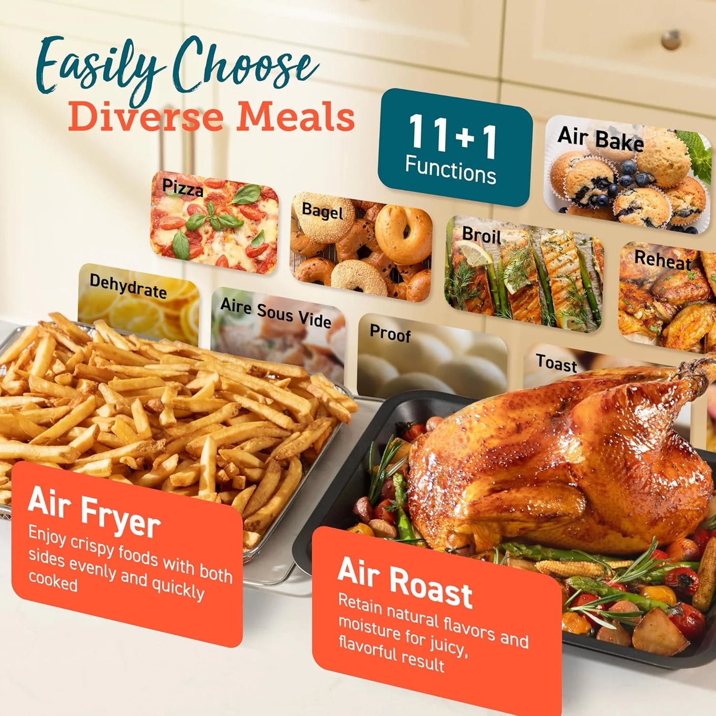 COSORI 11-in-1 air fryer, 13-quart capacity, combines grilling, toasting, baking, and reheating. Includes recipes and 6 accessories.