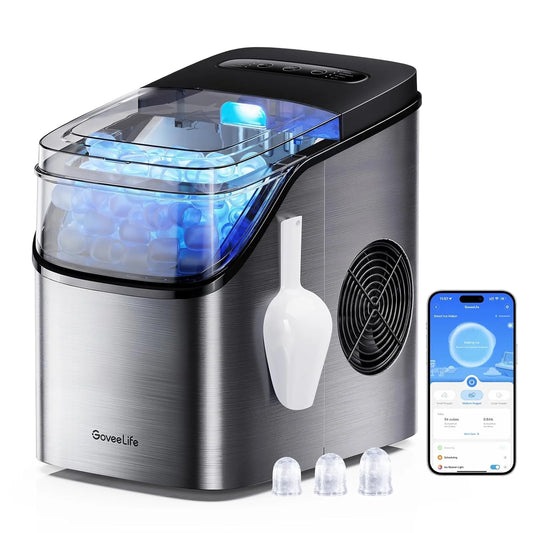GoveeLife Smart Ice Maker Countertop, Portable Ice Machine with Voice Control, 9 Ice Cubes in 6 Minutes 3 Sizes, 26lbs/24Hrs, Self Cleaning RGB Lights, Quiet Ice Maker with Scoop for Kitchen Black