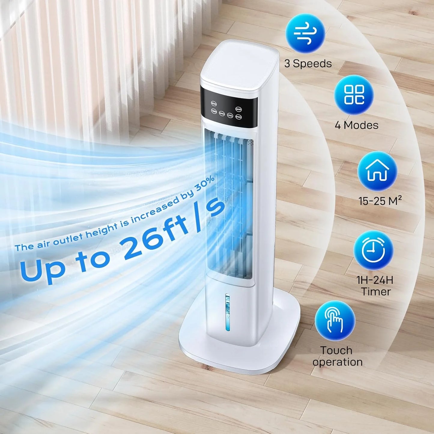 Evaporative Air Cooler, 3-in-1 Portable Air Conditioners for Room, 4 Modes 3 Speeds, Fast Cooling Portable AC Unit w/24H Timer, Remote Oscillating Tower Fan, Quiet Swamp Cooler for Bedroom Office