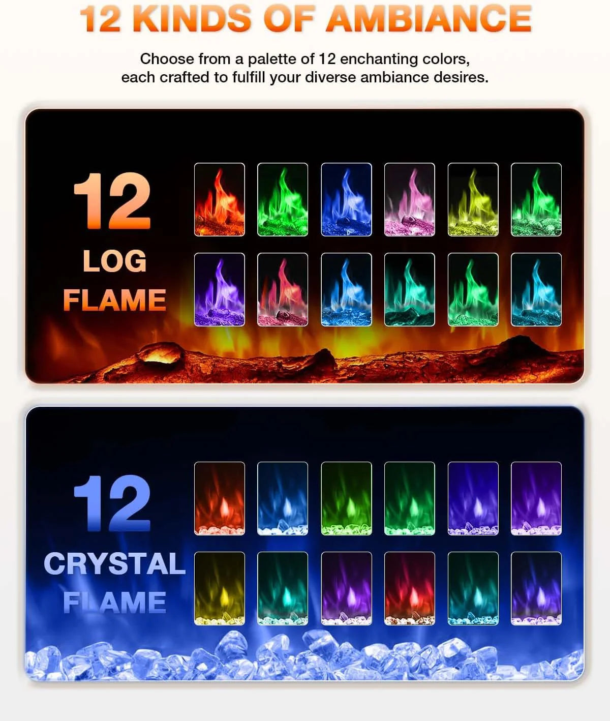 Electric Fireplace 60Inch,Wall Mounted Electric Fireplace Heater with Timer Inserts，TV Stand Touch Screen and Realistic Flame,Log Set,Crystal Flames 750 to 1500W，Remote for Living Room