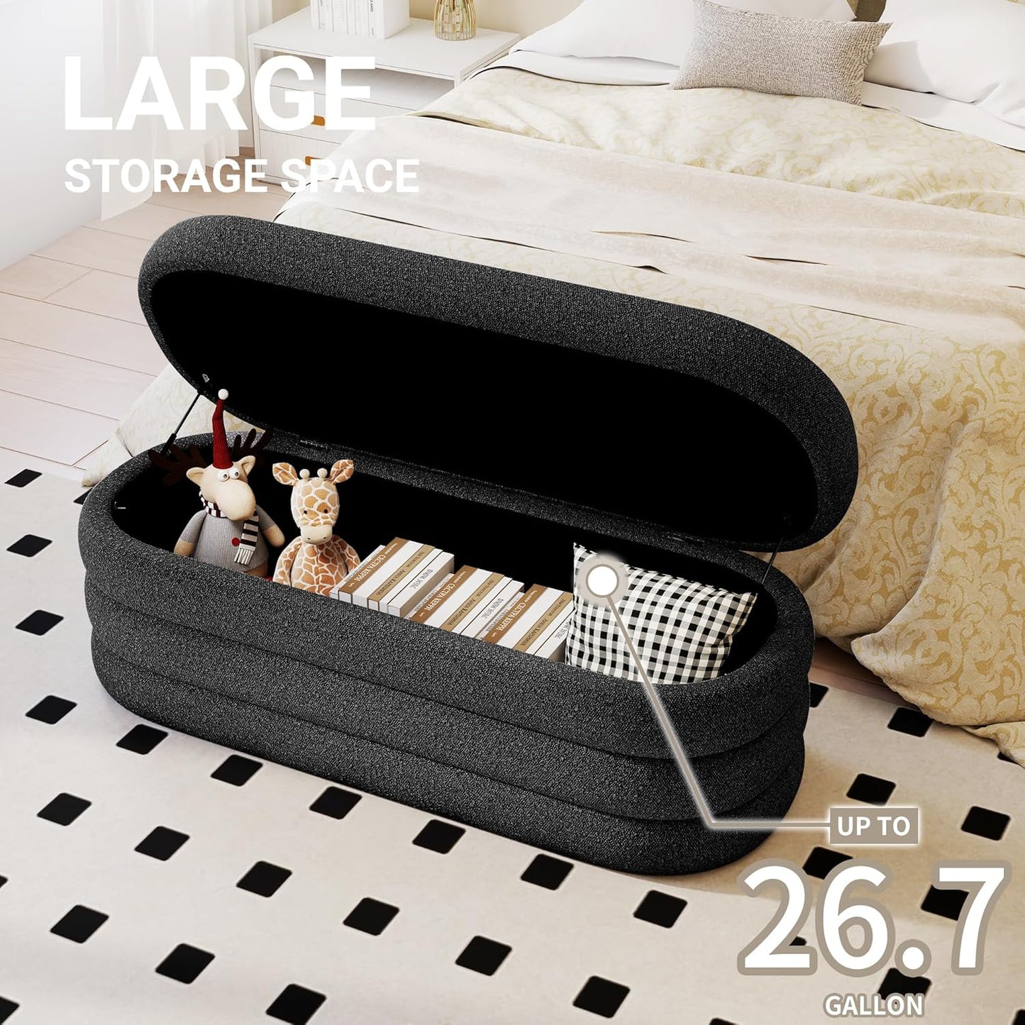 Storage Ottoman Bench 49.2 Inch Upholstered Fabric Storage Bench