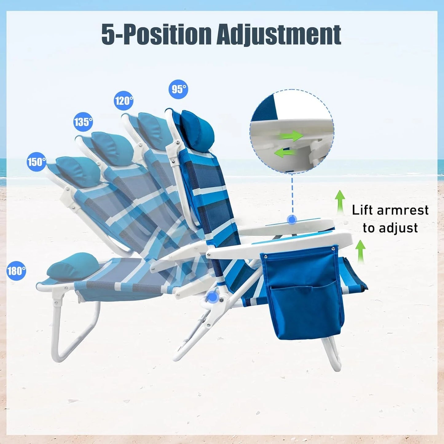 Beach Chair 2 Pack 5 Positions Textilene Folding Reclining Beach Chair with Backpack Straps Cooler Bag & Cup Holder for Outdoor Lawn Camping