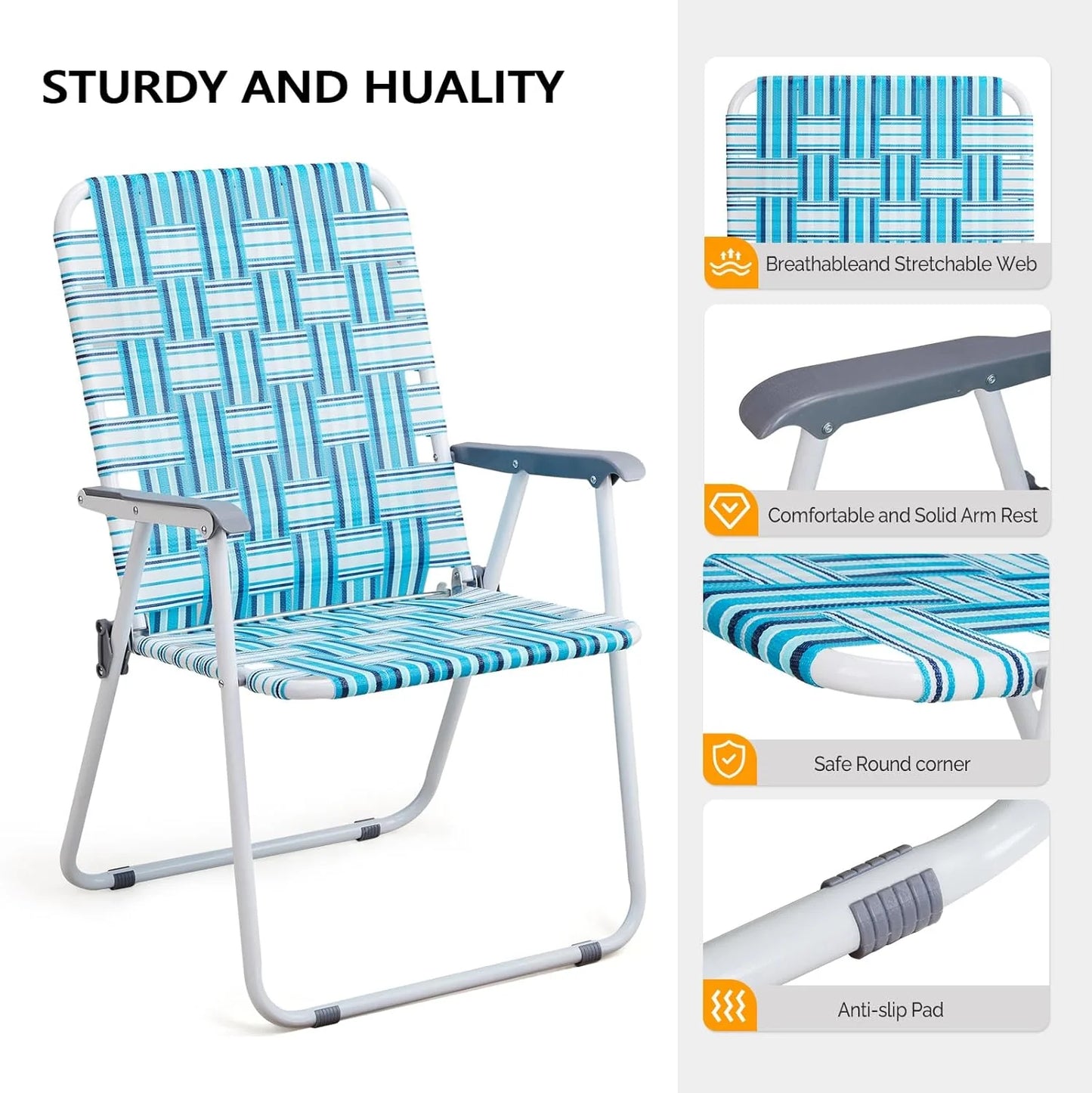 VINGLI Patio Lawn Webbed Folding Chairs Set of 2, Outdoor Beach Portable Lawn Chair Camping Chair Beach Chair