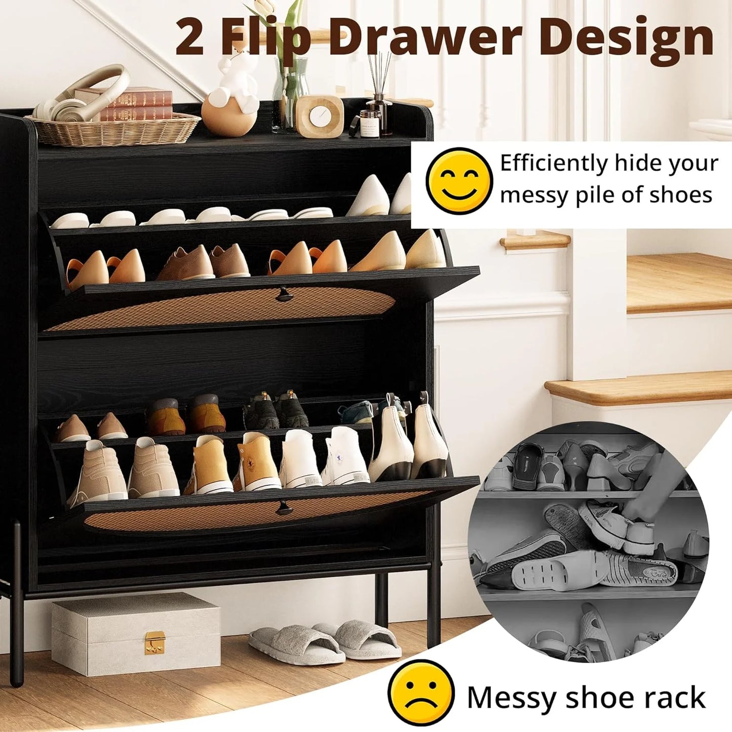 IRONCK Shoe Cabinet Storage with 2 Flip Drawers, Free Standing Wooden Shoe Storage Organizer Cabinet with Rattan Doors for Entryway, Narrow Shoe Rack Cabinet, Oak