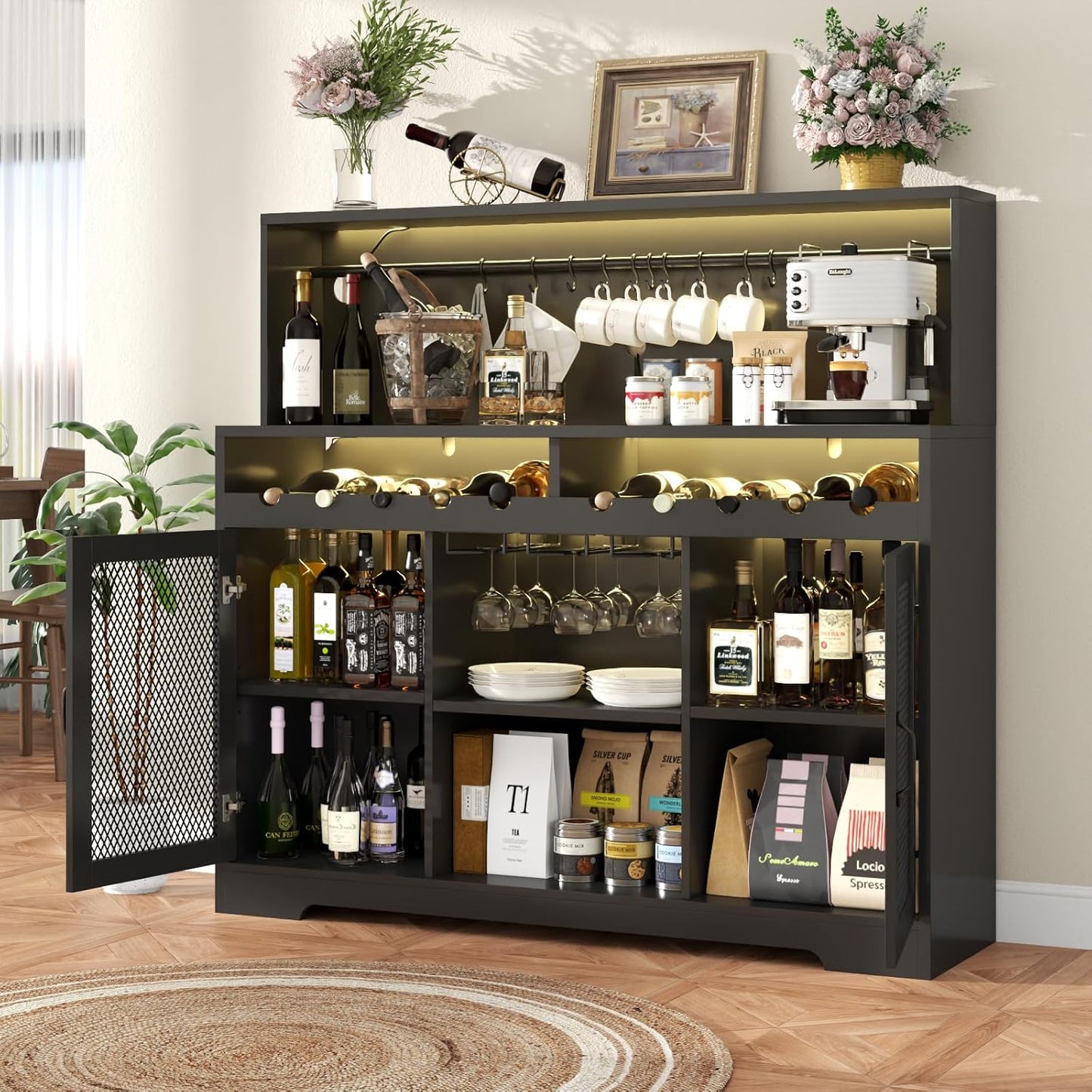 Wine Bar Cabinet with LED Light, Liquor Cabinet with Glass Holder, Coffee Bar for Liquor, Storage Buffet with Wine Racks, Wine Cabinet