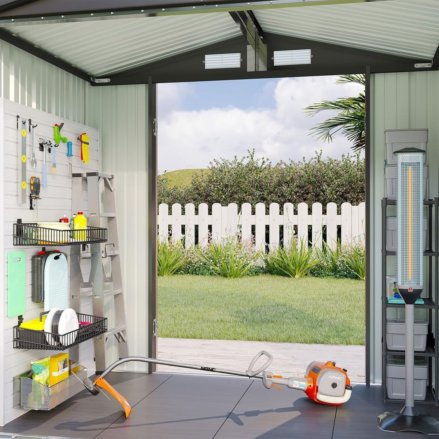 Aoxun 7.4x5.3FT Shed with Floor Galvanized Steel Outdoor Storage Shed Metal Garden Shed with Double Doors, 15mm Moisture-Proof Floor & Ventilation, Sloped Roof for Bike/Generator/Tool Storage (Brown)