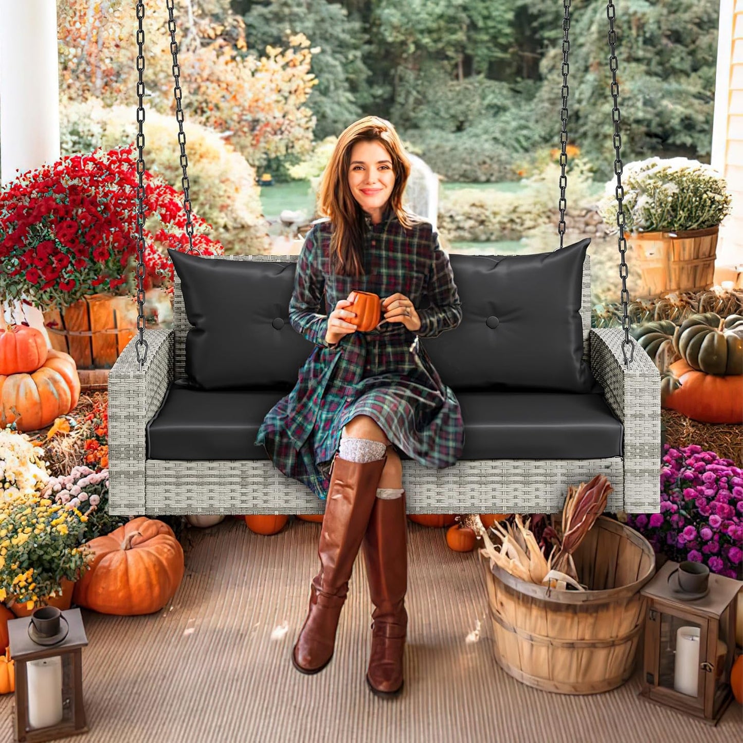 YITAHOME Hanging Porch Swing Chair Sits 3 People, Wicker Outdoor Swing Bench, Patio Lounge Chair, 1 Seating Cushion and 3 Back Cushions, w/Removable Covers, for Garden, Balcony, Backyard, Brown