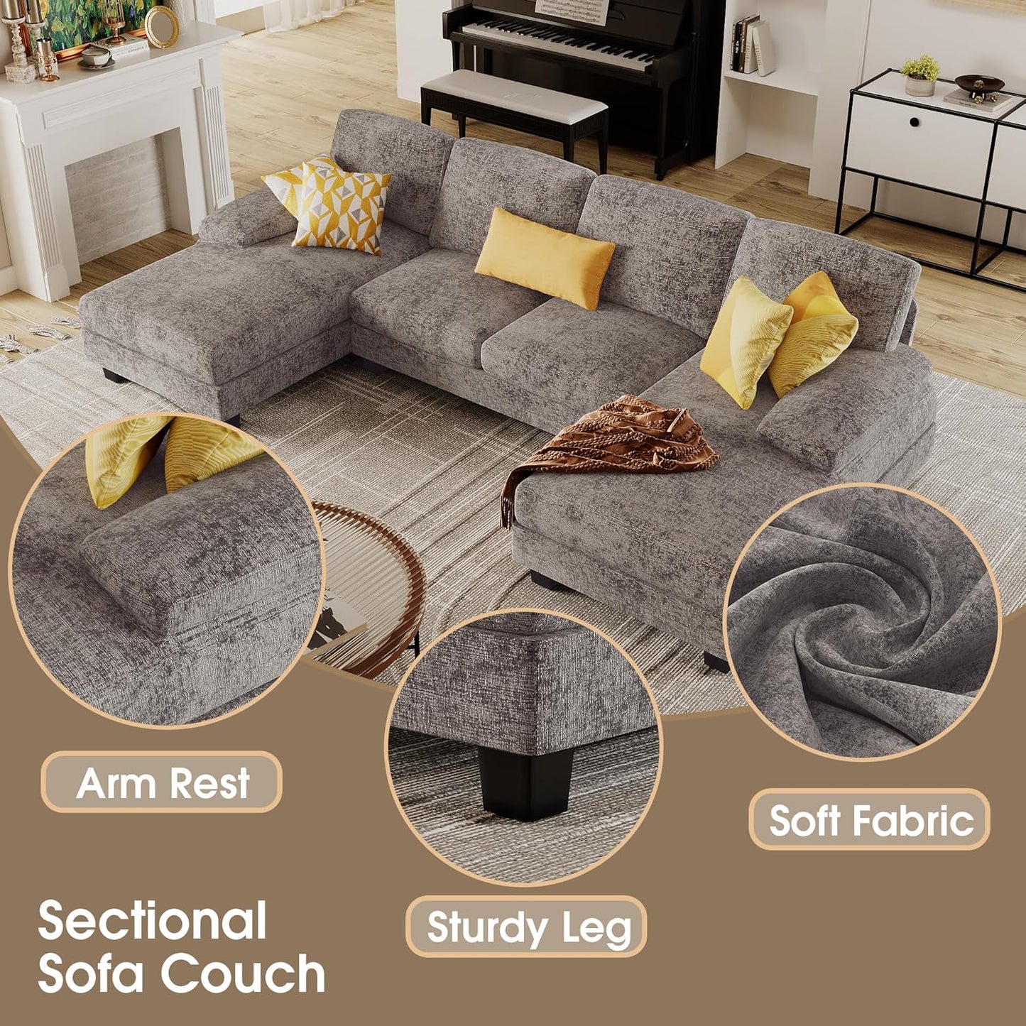 Furmax Sectional Couches for Living Room, U-Shaped Sofa Couch with Linen Fabric, 4 Seat Sofa Set with Double Chaise for Apartment (Fabric, Grey)