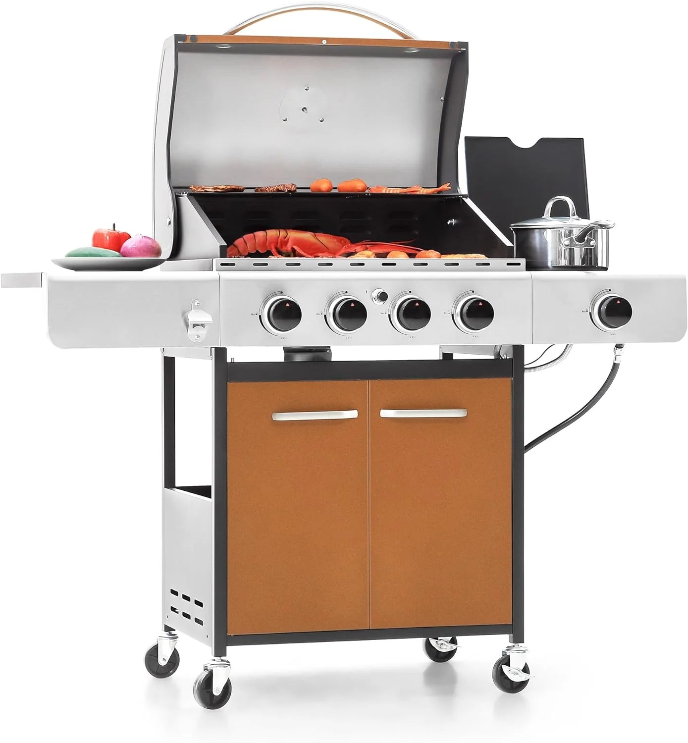Captiva Designs 4-Burner Propane Gas BBQ Grill with Side Burner & Porcelain-Enameled Cast Iron Grates, 42,000 BTU Output Stainless Steel Grill for Outdoor Cooking Kitchen and Patio Backyard Barbecue