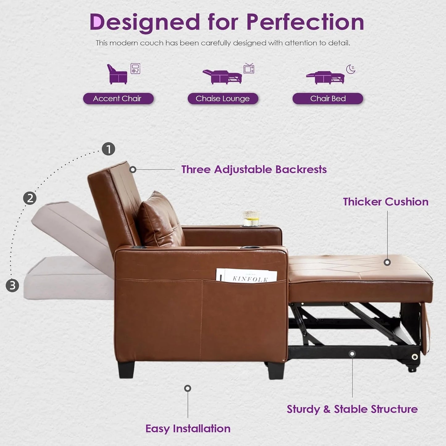 Adult Convertible Sleeper Chair Bed, 3-in-1 Pull-Out Sofa Bed with USB/Type-C Ports, Cup Holders, Side Pockets, Single Sofa