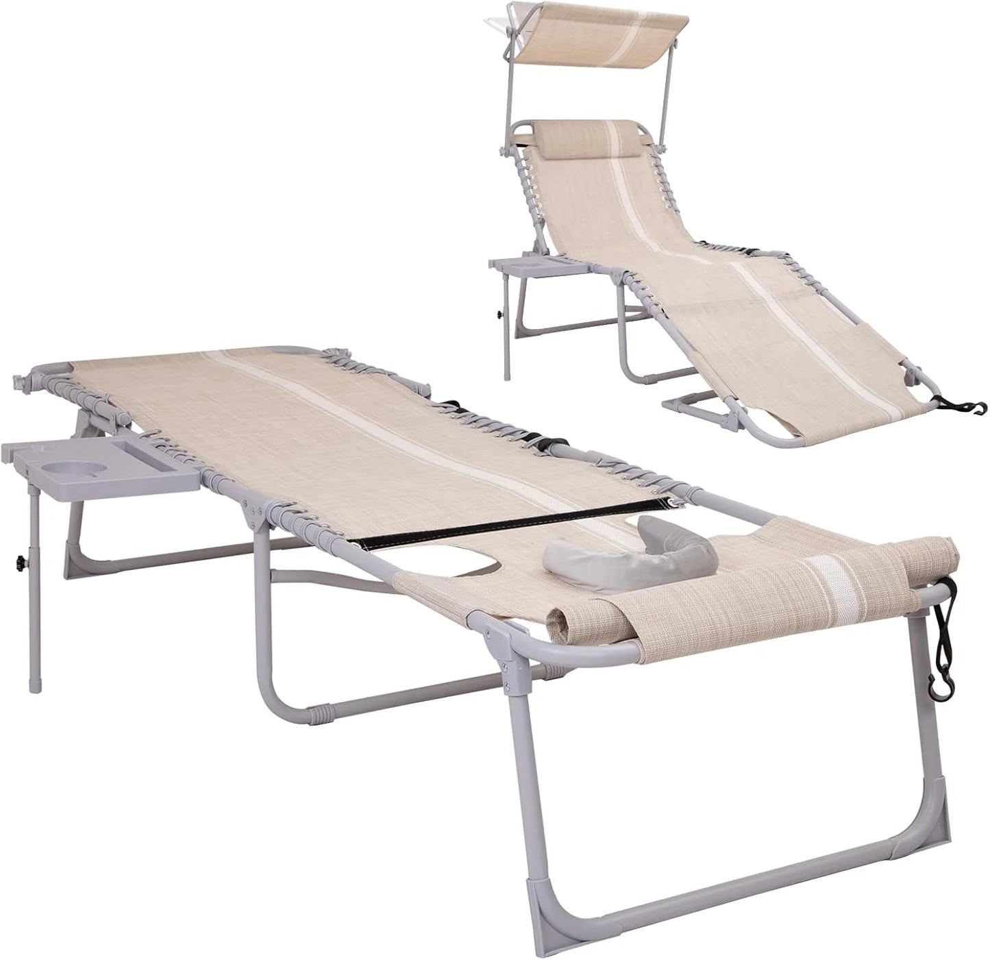 2 Pack Outdoor Chaise Lounge Chair - Portable Folding Patio Pool Lounge Chair, 5 Positions Adjustable Reclining Camping Chair with Side Table,Shoulder Strap, Pillow for Beach Sunbathing Lawn