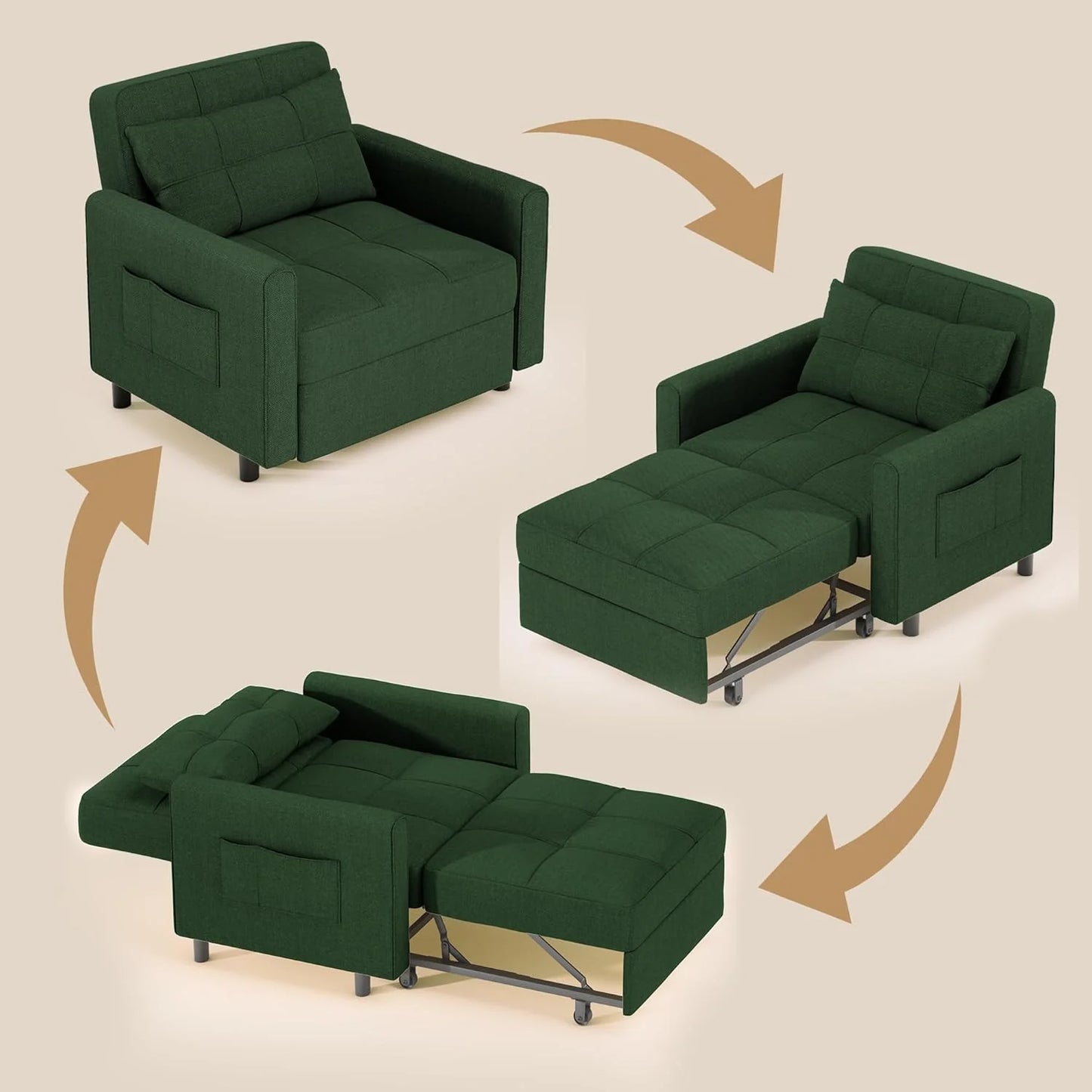 Sofa Bed Chair 3 in 1 Convertible, Pullout Single Sleeper Chair Bed with Adjustable Backrest, Spacious Multifunctional Sofa Couches