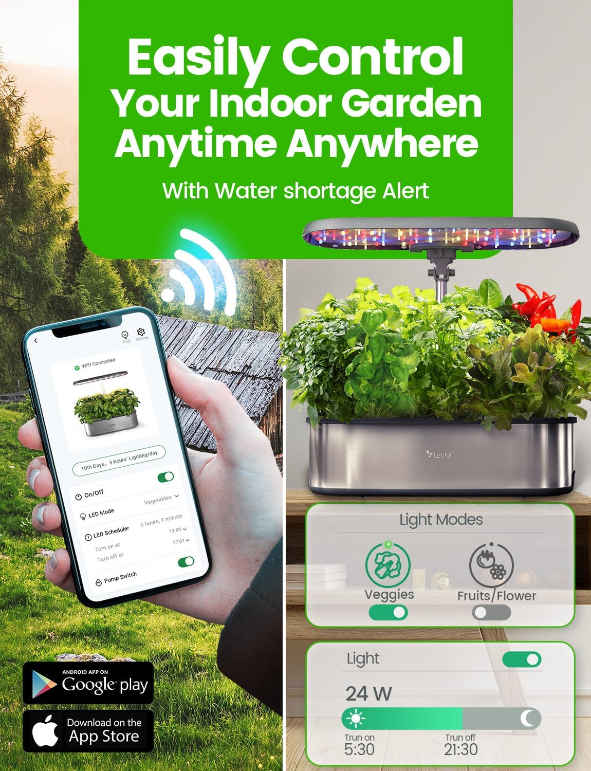 Hydroponic Planting System, 12 Indoor Smart Herb Garden Set, Indoor Garden, App and WiFi Control, with 24W Grow LED, 5.5L Water Tank, Pump System, Automatic Timer