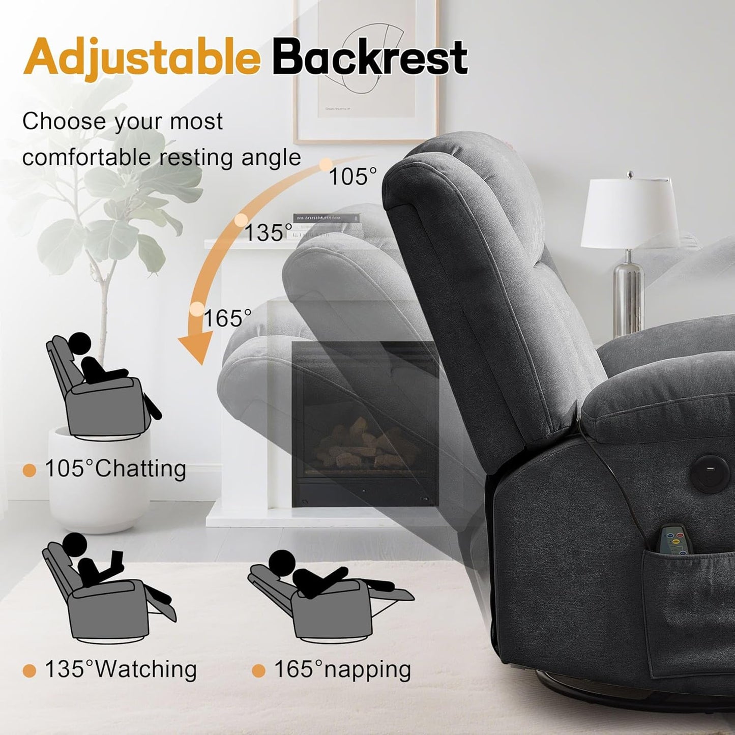 Adult rocking chair, gliding recliner, 360° rotating rocking chair with massage and heating function