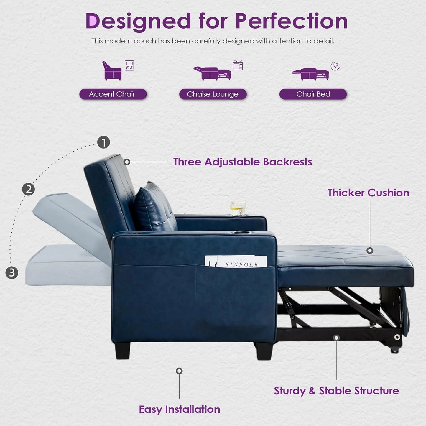 Adult Convertible Sleeper Chair Bed, 3-in-1 Pull-Out Sofa Bed with USB/Type-C Ports, Cup Holders, Side Pockets, Single Sofa