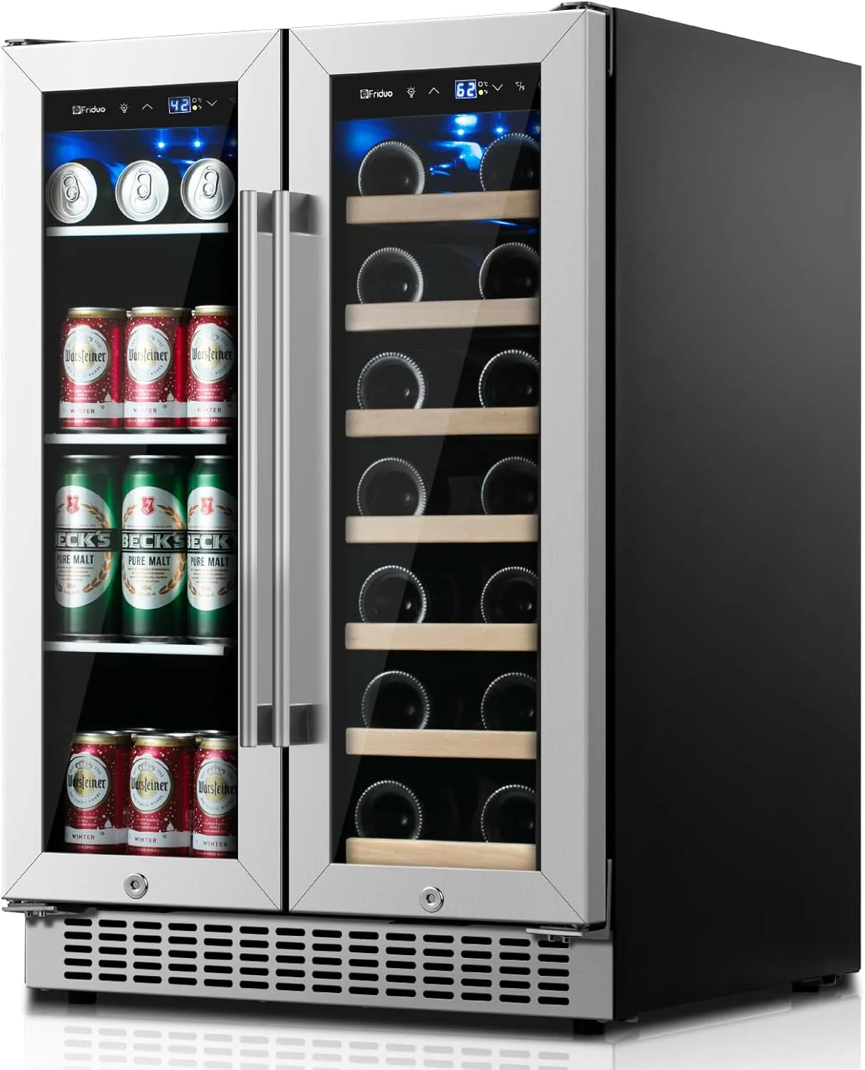 24 inch Dual Zone Beverage Refrigerator, 30 Bottles & 82 Cans Wine Fridge Built-in or Freestanding with Glass Door, Wine and Beverage Refrigerator Cooler for Kitchen Home Bar
