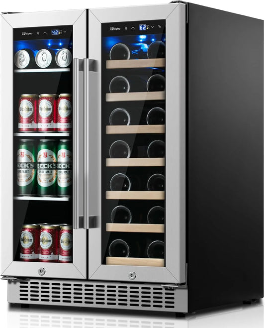 24 inch Dual Zone Beverage Refrigerator, 30 Bottles & 82 Cans Wine Fridge Built-in or Freestanding with Glass Door, Wine and Beverage Refrigerator Cooler for Kitchen Home Bar