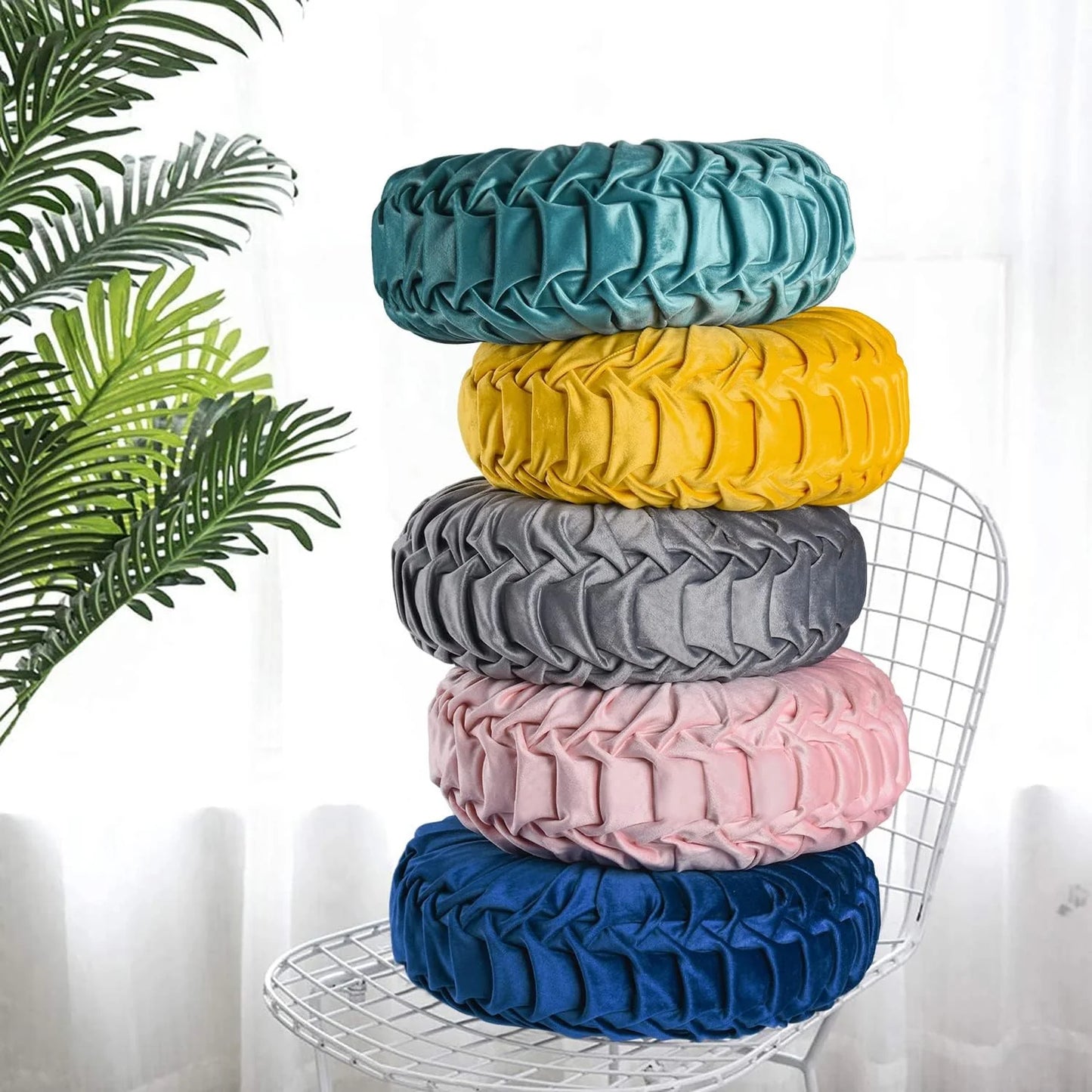 Set of 2 Decorative Round Pleated Throw Pillows