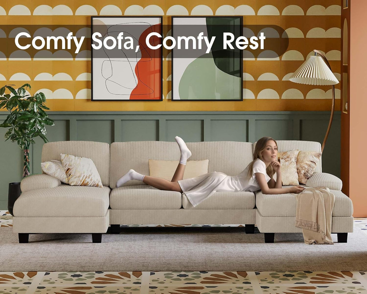 Furmax Sectional Couches for Living Room, U-Shaped Sofa Couch with Linen Fabric, 4 Seat Sofa Set with Double Chaise for Apartment (Fabric, Grey)