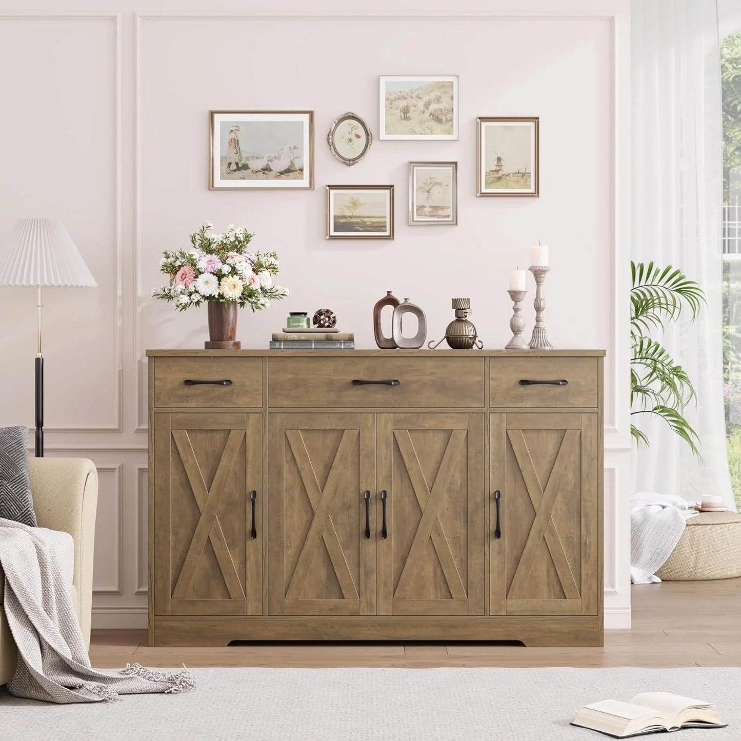 Sideboard with drawers, large 55-inch sideboard, sideboard storage with shelves and doors, modern farmhouse coffee bar wood kitchen dining table