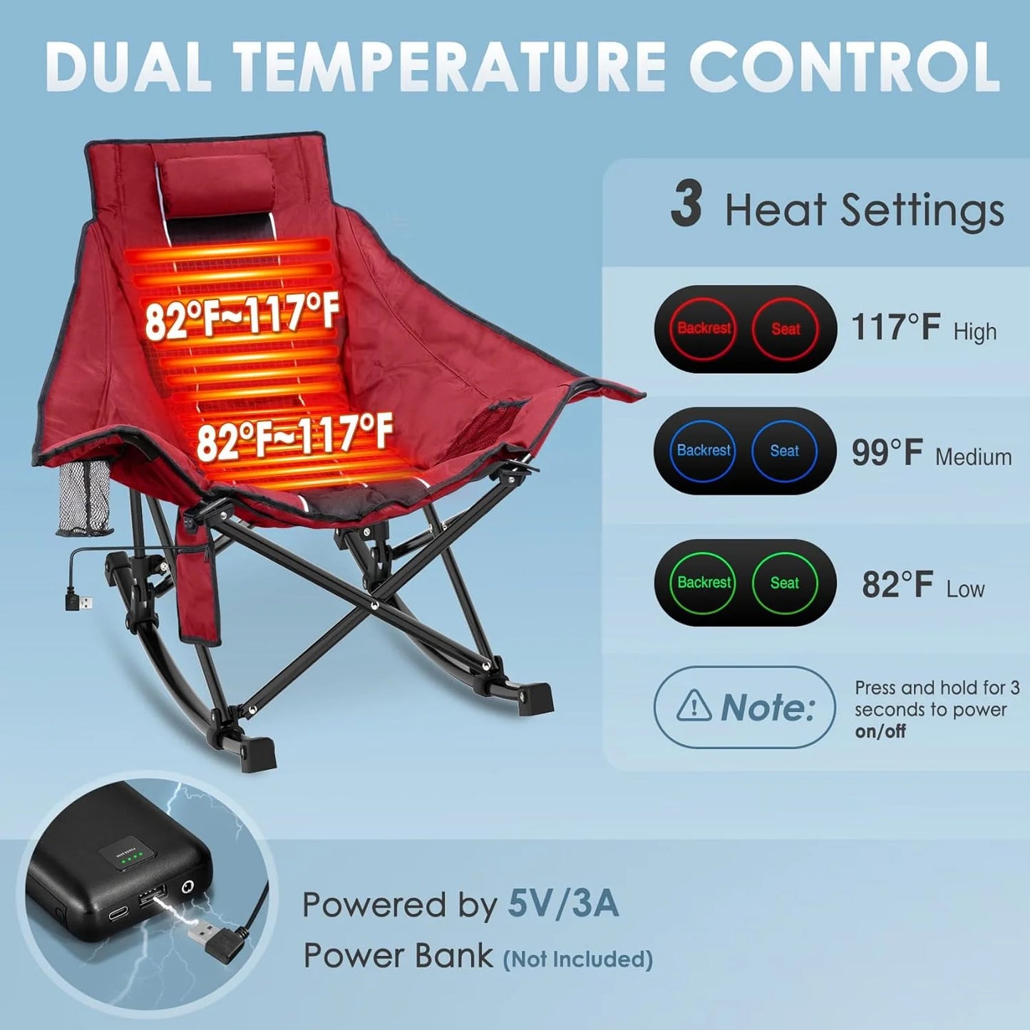 Heated Camping Chair, Extra Large Heated Chair Outdoor Sports Chair with 3 Heat Levels on Back and Seat, Portable Folding Heated Outdoor Chair (Batteries Not Included)