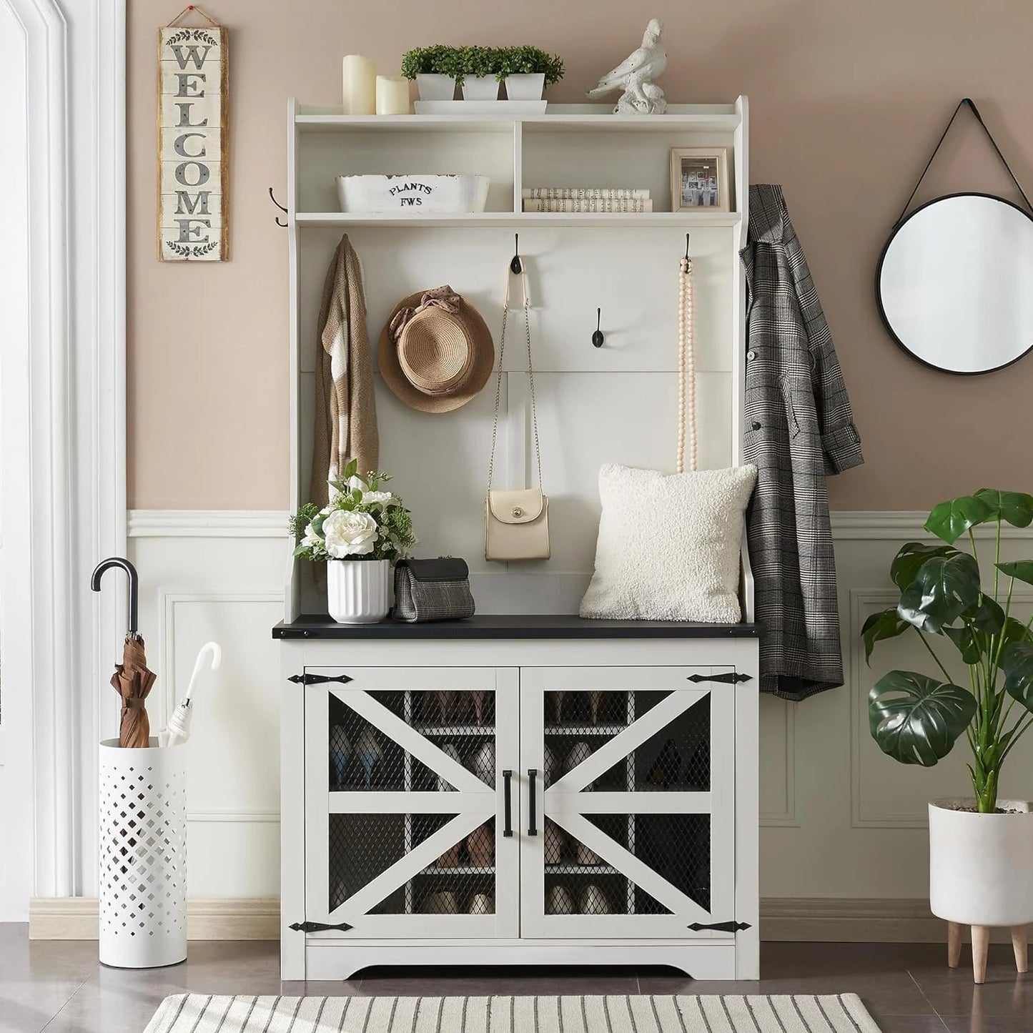 JXQTLINGMU 59-inch Farmhouse Foyer Tree with Shoe Storage, Entryway Bench Foyer Coat Rack Cabinet